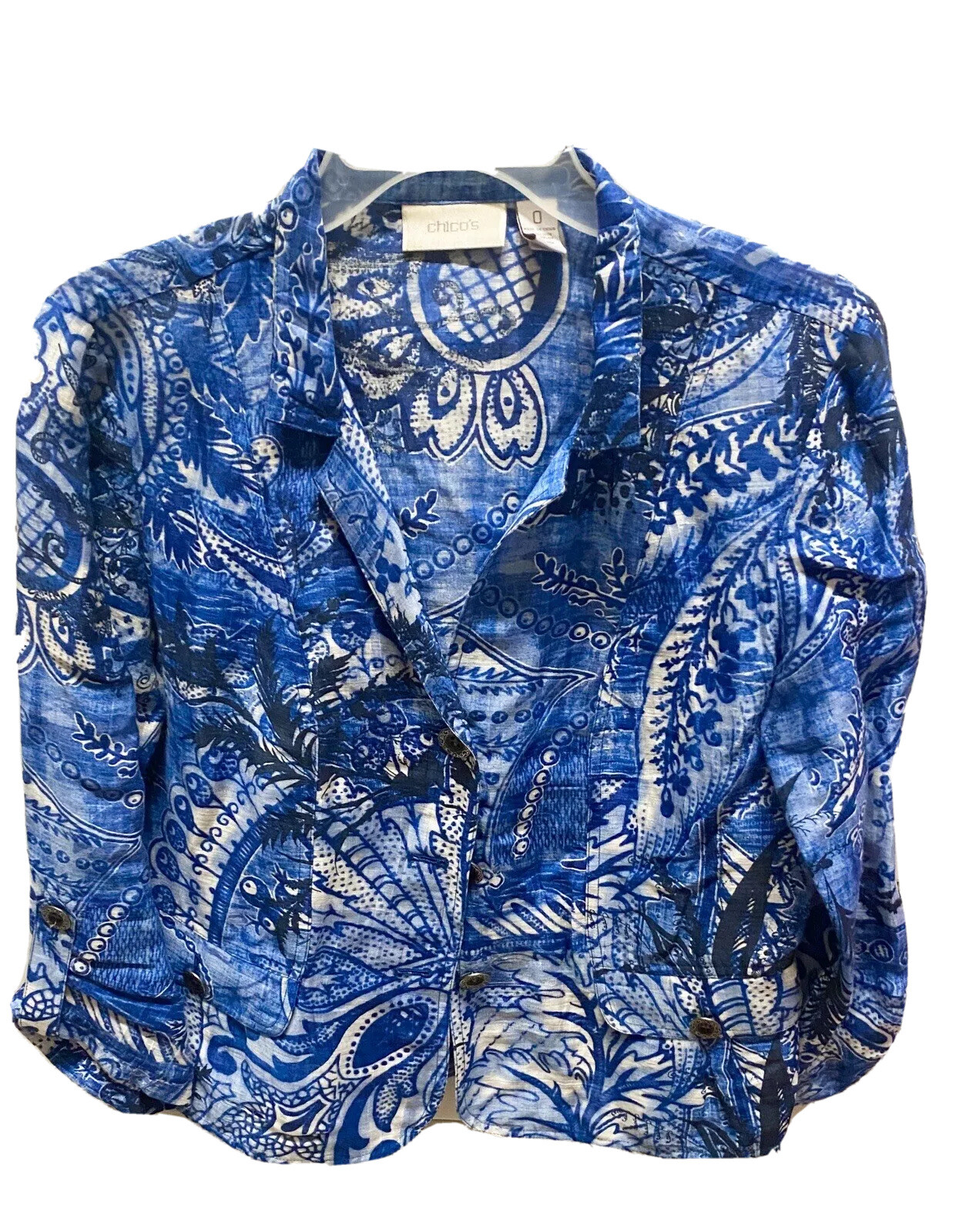 Chico’s 0 Small Linen Top Jacket Blue White Collar 3/4 Sleeve Strap Metal Button