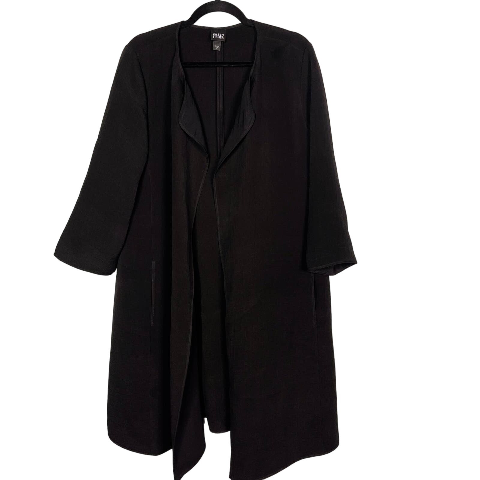 Eileen Fisher L Black Long Open Front Textured Blazer Jacket Silk Blend Magnetic
