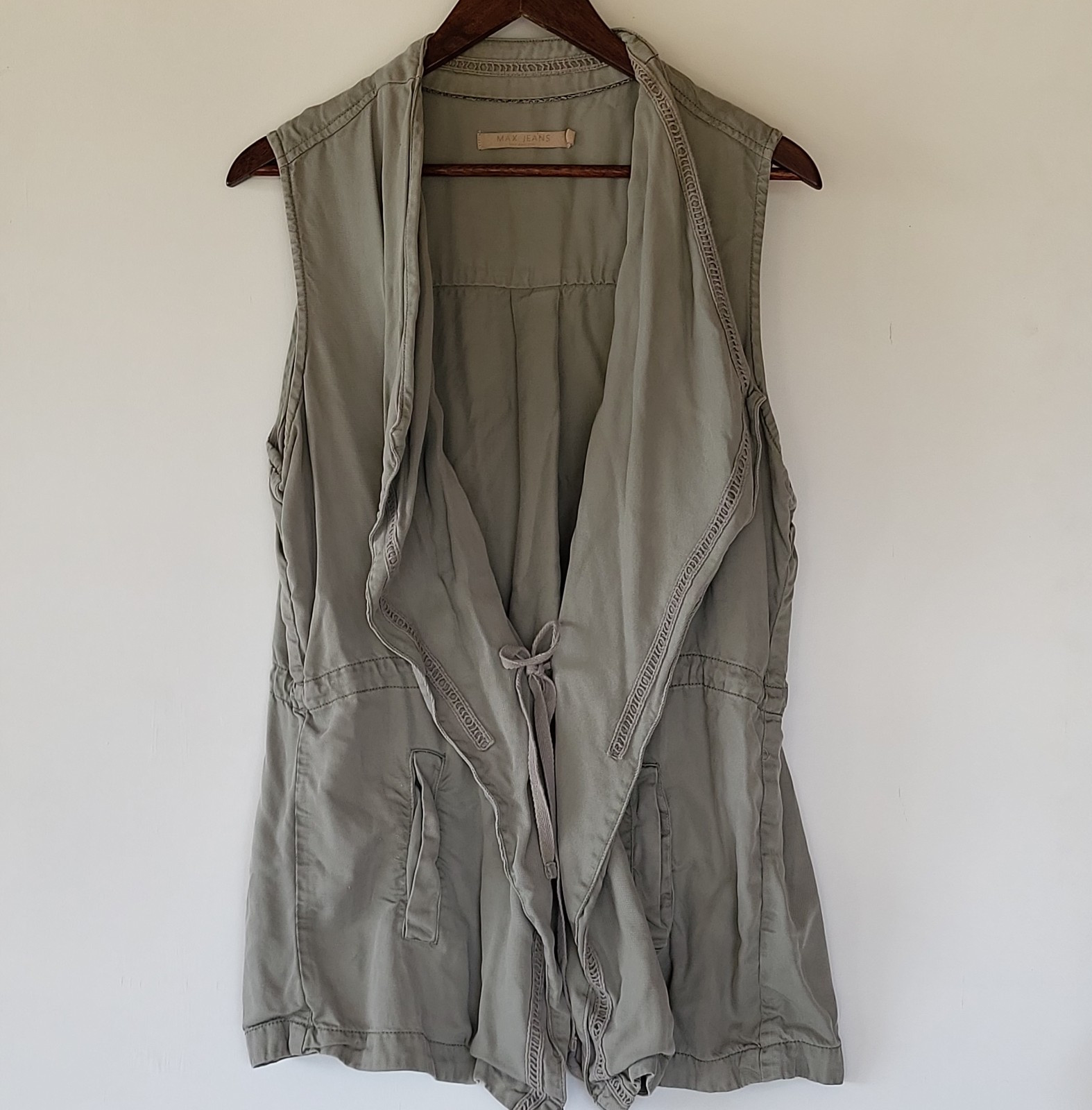 Max Jeans Vest Open Front Waterfall Drape Olive Green Tencel Drawstring Women 1X