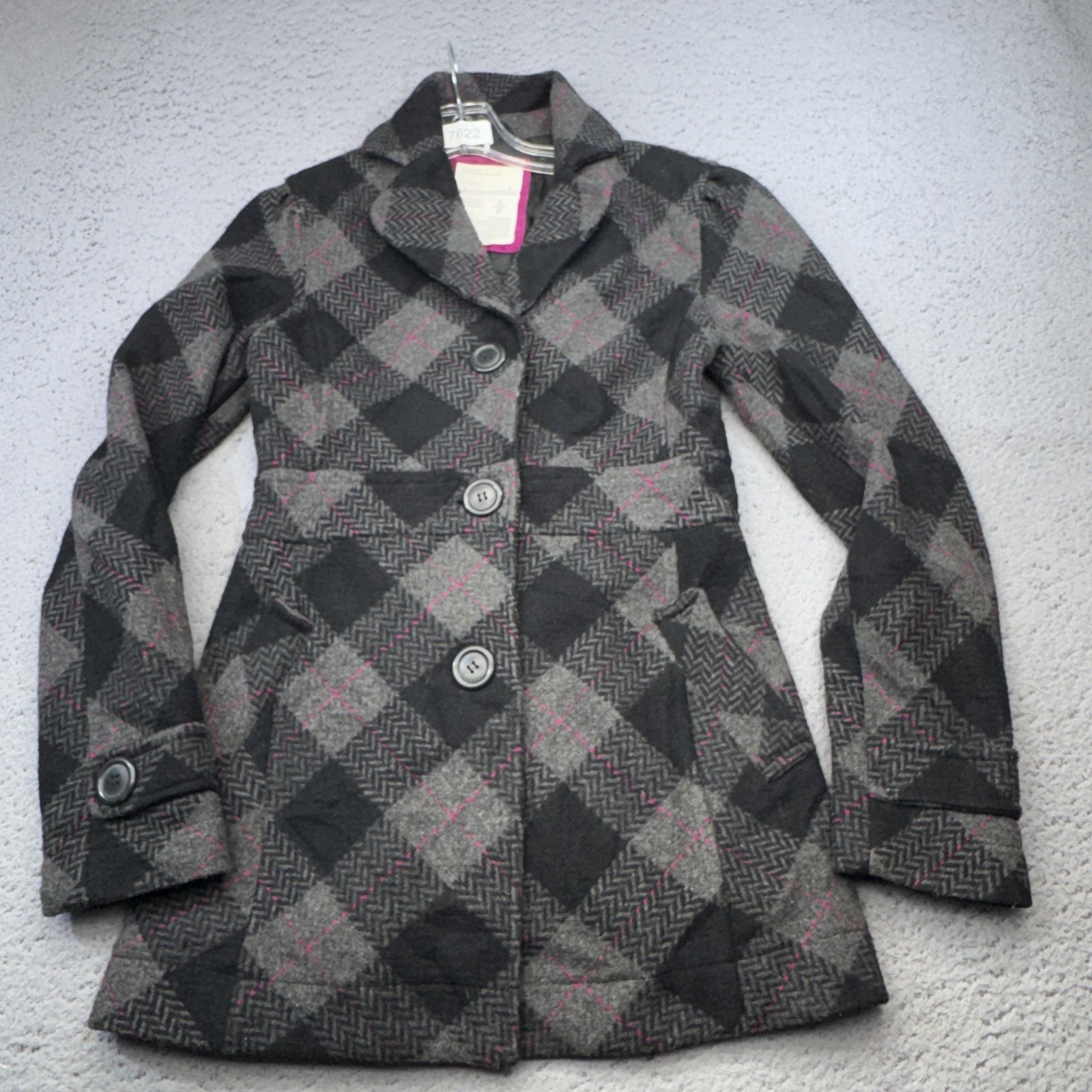 Aeropostale Coat Womens Small Gray Plaid Wool Blend Peacoat Button Lined