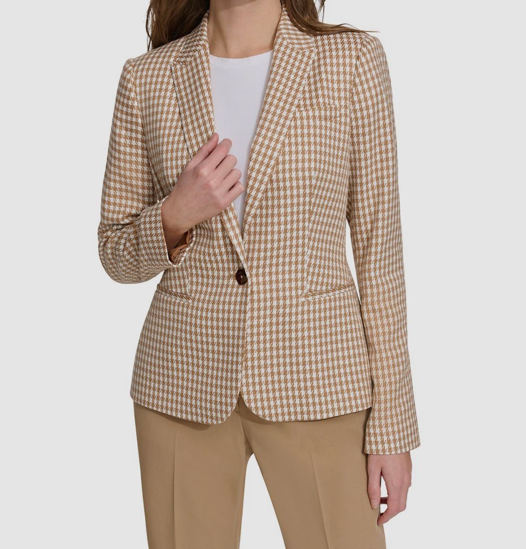 Tommy Hilfiger Women’s Beige Check-Print Long-Sleeve Blazer Jacket Size 2