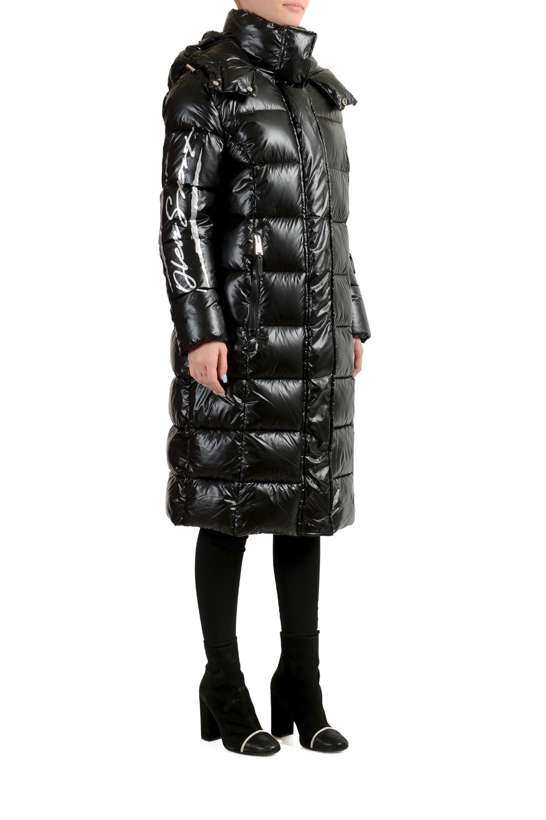 Plein Sport Women’s Hooded Logo Print Zip Up Long Parka Jacket US 2XL IT 48