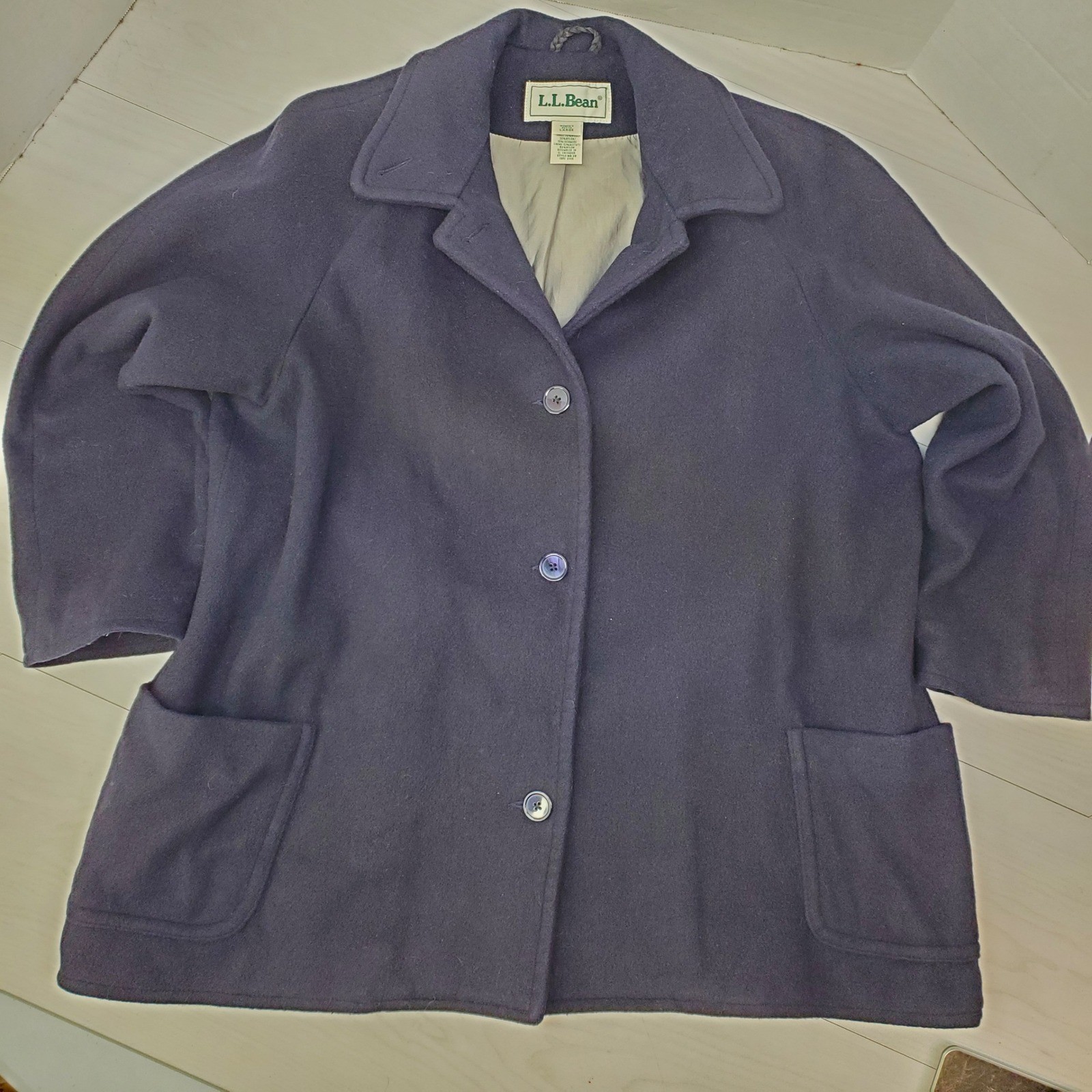 LL Bean Womens Petite Large Navy Blue Wool Cashmere Blend Coat Style 28