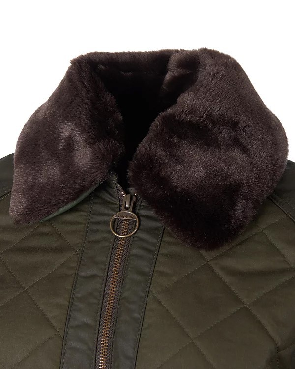 Barbour GLENCOE Green Waxed Quilted Zip Up Faux Fur Collar Bomber JACKET 18