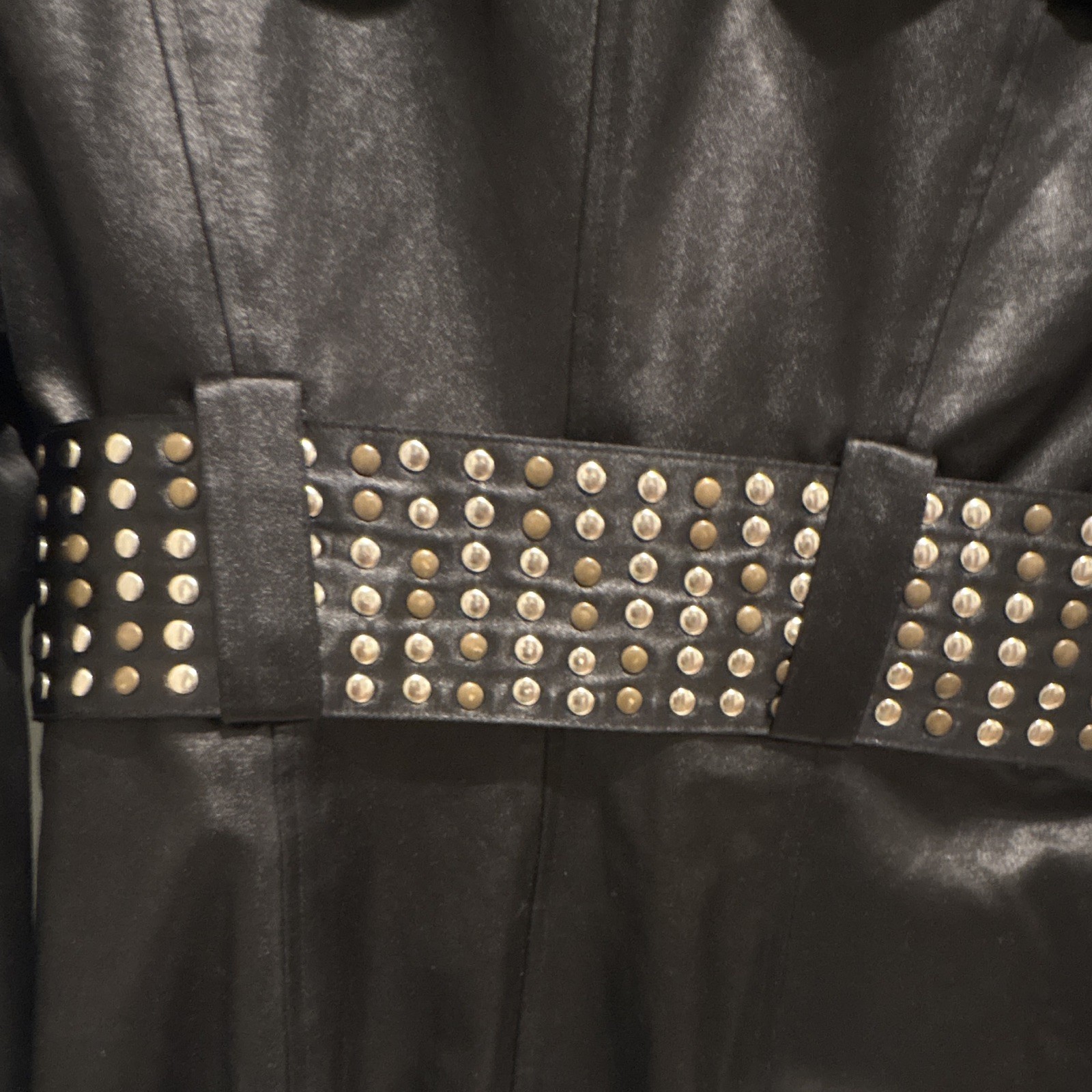 bebe Women’s L Black Soft Zip Studded Belted Collared Mid Trench Coat Studded