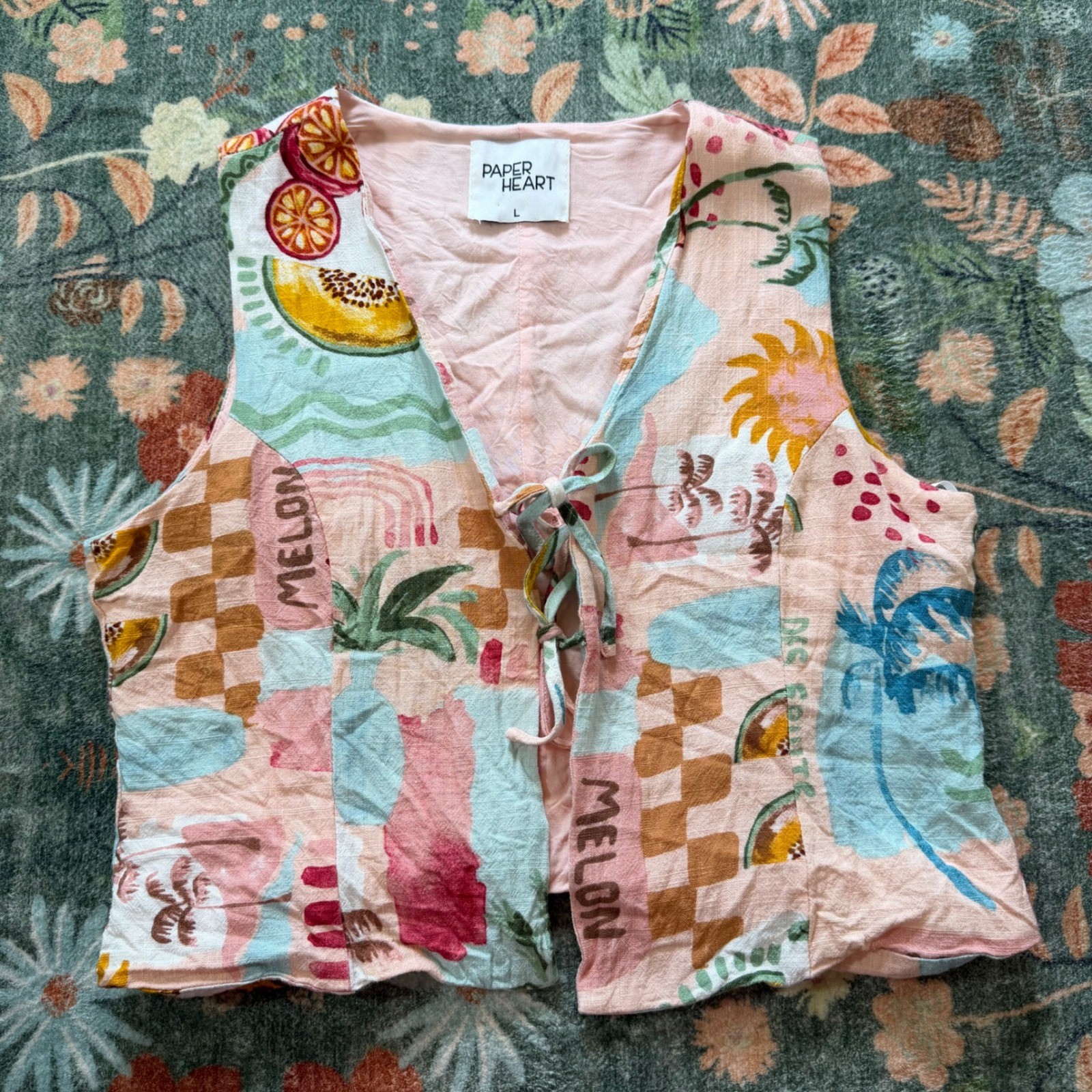 Paper Heart Sydney Australia Tropical Fruit Linen Blend Tie Front Crop Vest L
