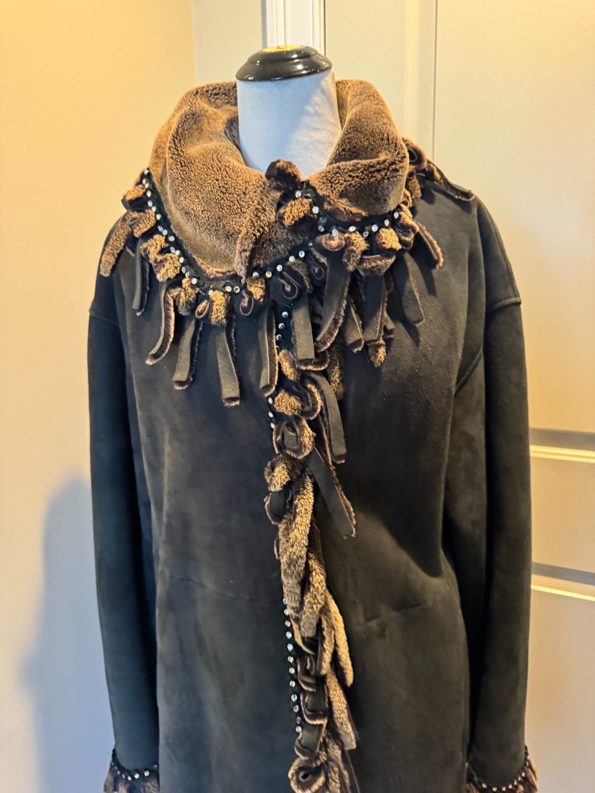 Sinclair Charcoal Gray Suede Shearling Coat Fringes SZ IT 44/US 10 EUC