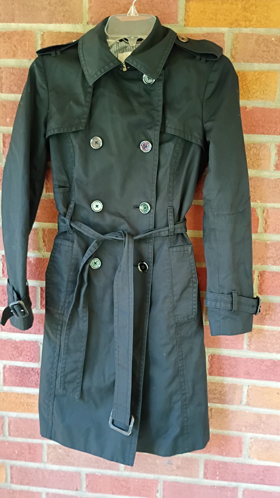 Banana Republic Black Trench Coat XS Belted Double-Breasted Long Lined Pockets