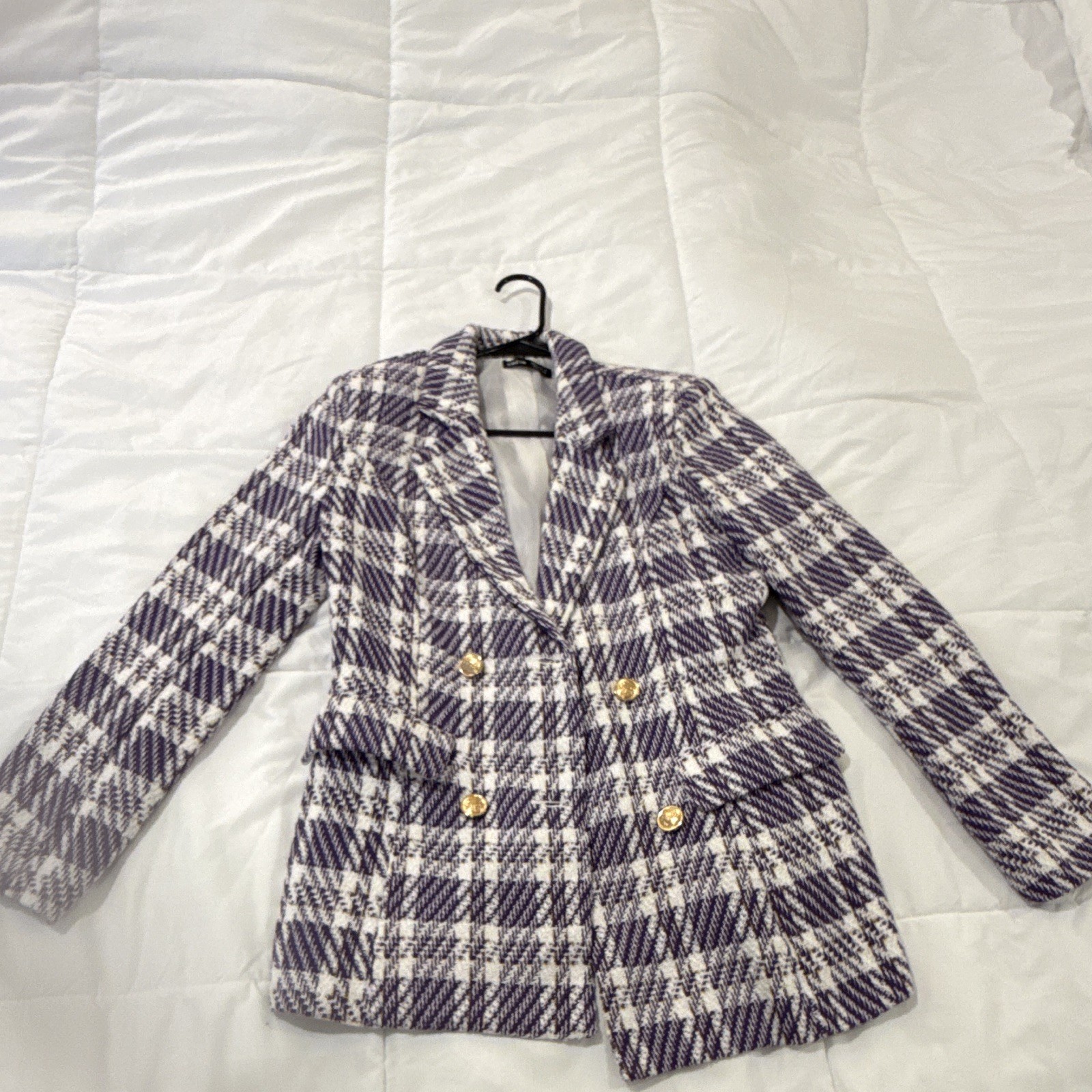 SHEIN Women’s Purple White Plaid Double Breasted Blazer Lined Pockets M