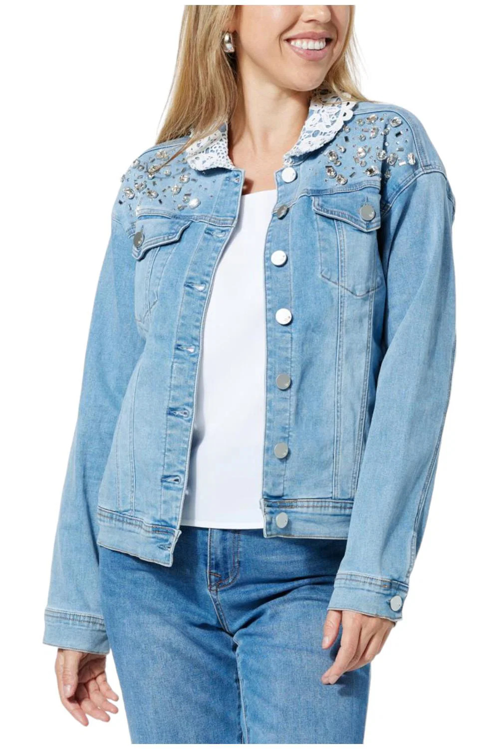 DG2 by Diane Gilman New Classic Stretch Denim Collar Jacket Chambray