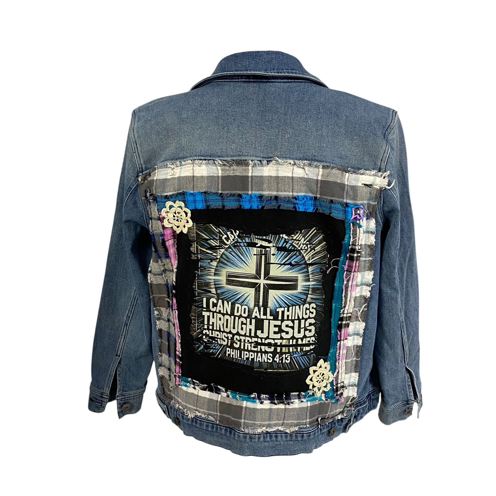 Christian Denim Jacket Womens XL Religious Church Pastor Patchwork Art Upcycled