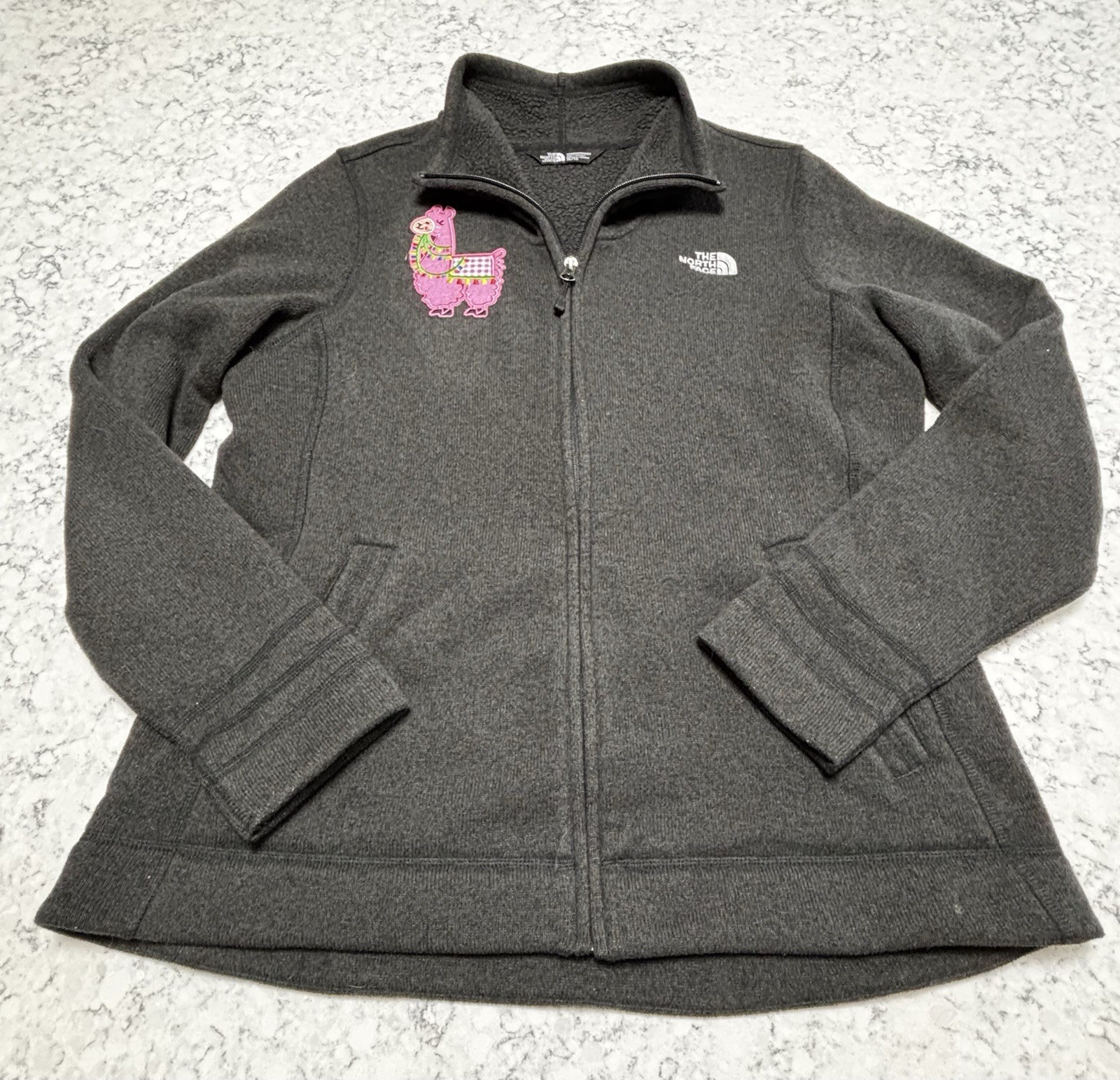 The North Face Womens XL Full Zip Fleece Jacket Gray Llama Patch Embroidered