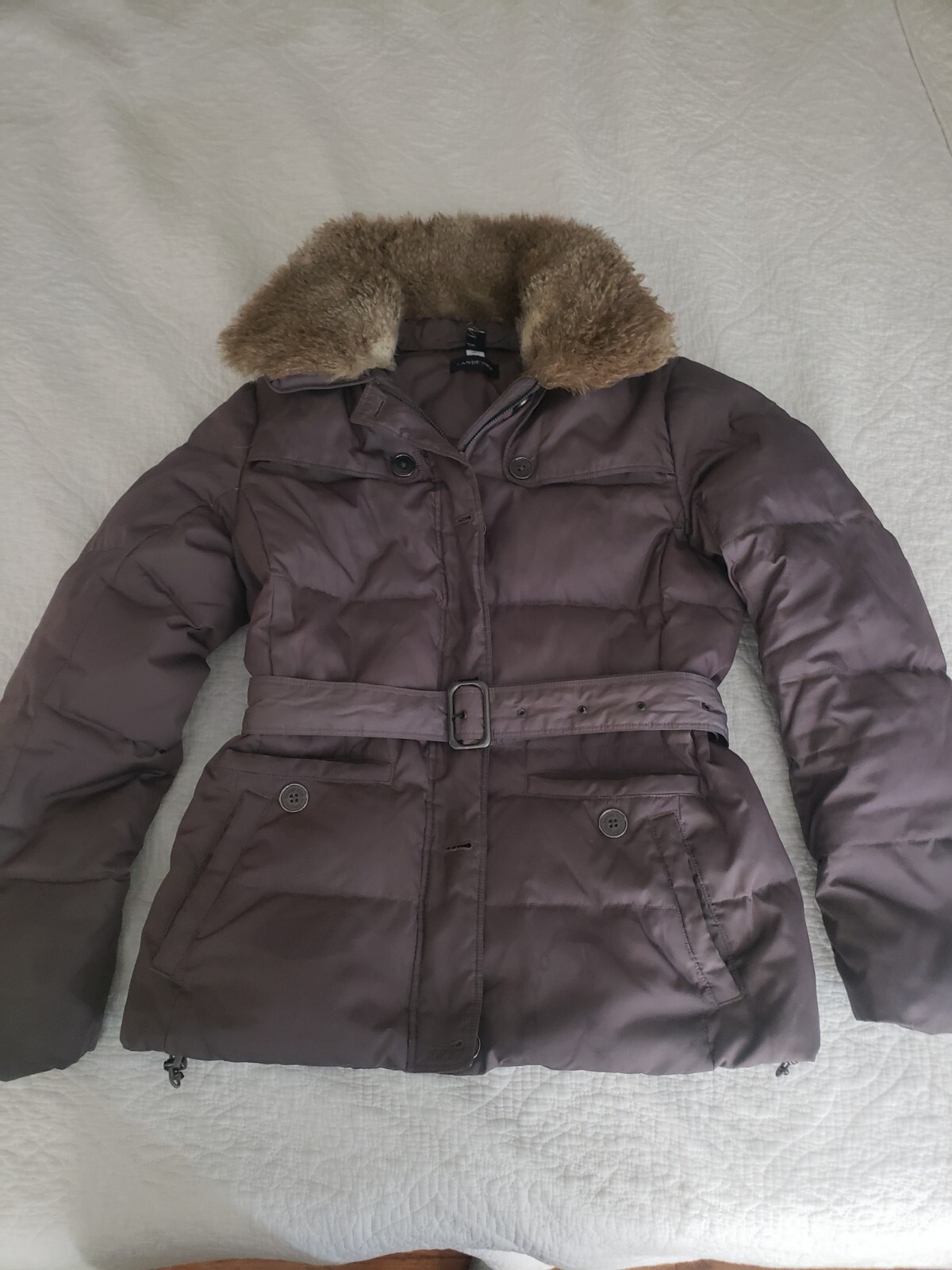 Lands End Women’s Brown Gray Faux Fur Down Puffer Coat Medium Zipper Button Belt