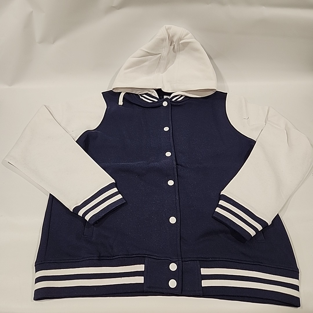 New Womans Large BAW Bomber Baseball Varsity Jacket Coat Hooded Blue&White