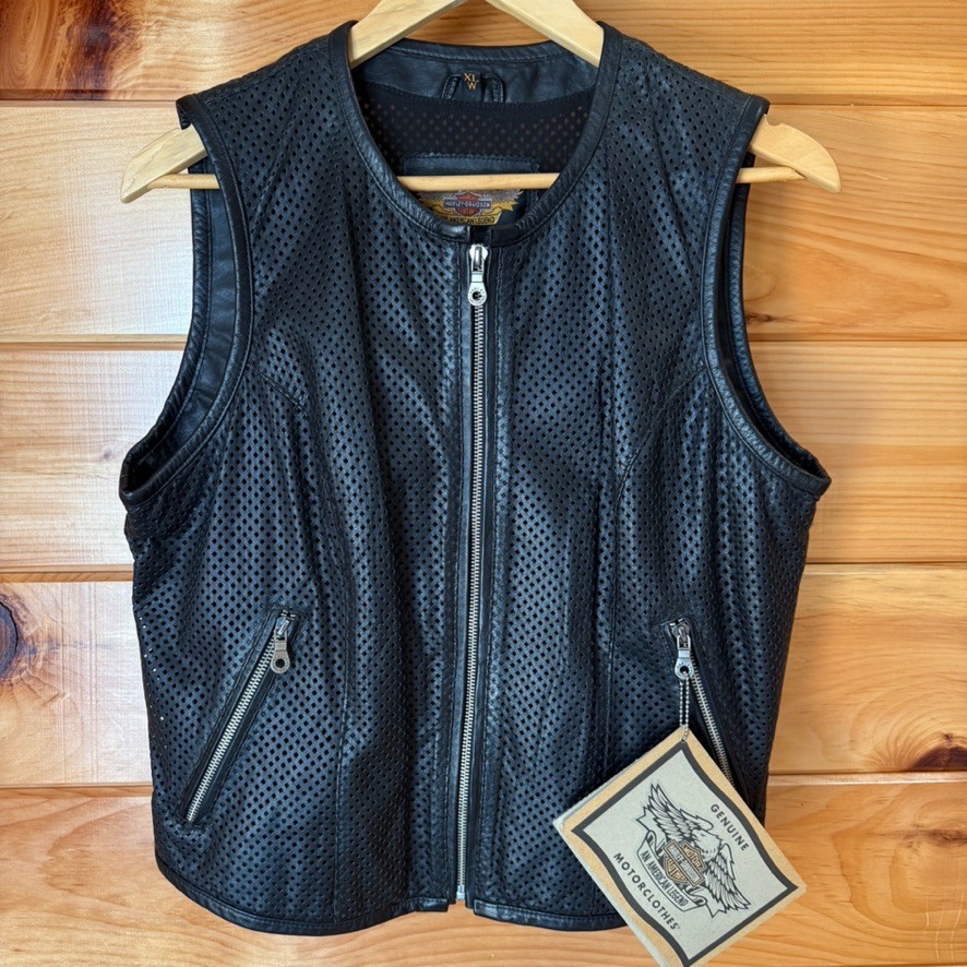 Harley Davidson Women’s Perforated Black Yellow Leather Motorcycle Vest Size XL