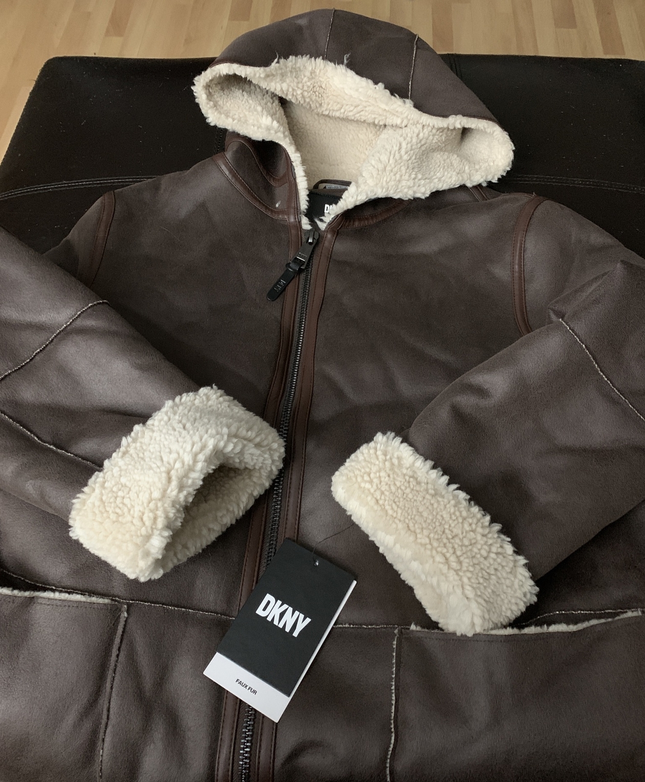 NWT DKNY Women Faux-Fur Sherling Lined Hooded Coat Womens Size Large $400 DC1