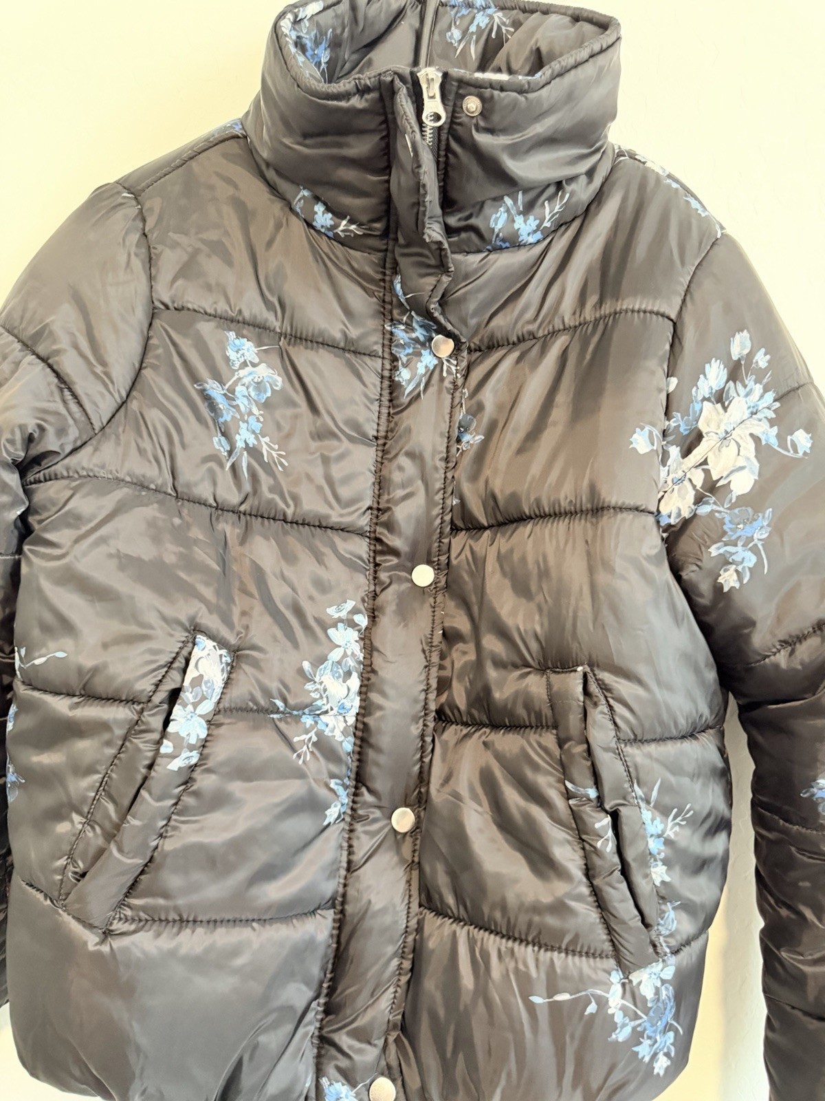 Urban Retro Black Blue Floral Puffer Jacket Quilted Full Zip Pockets Womens M