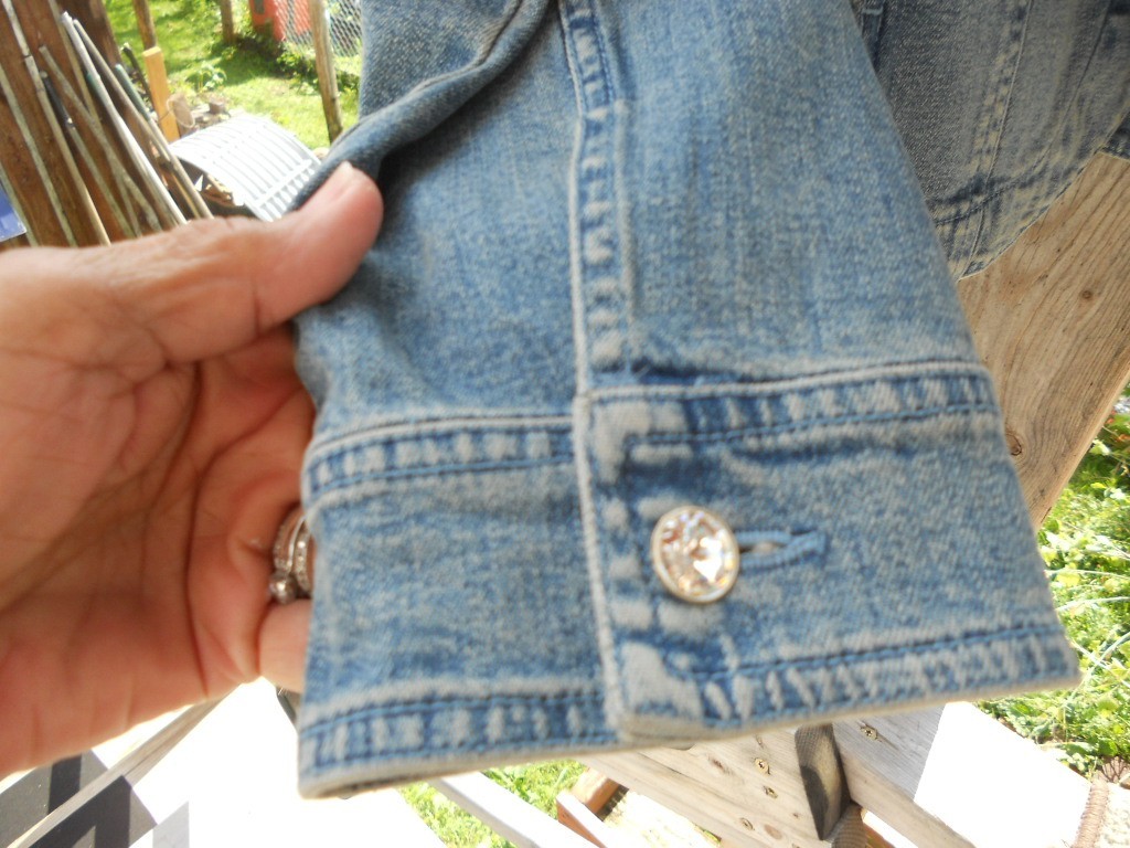 christine alexander sz s/m jean jacket crystals and angel wings on back