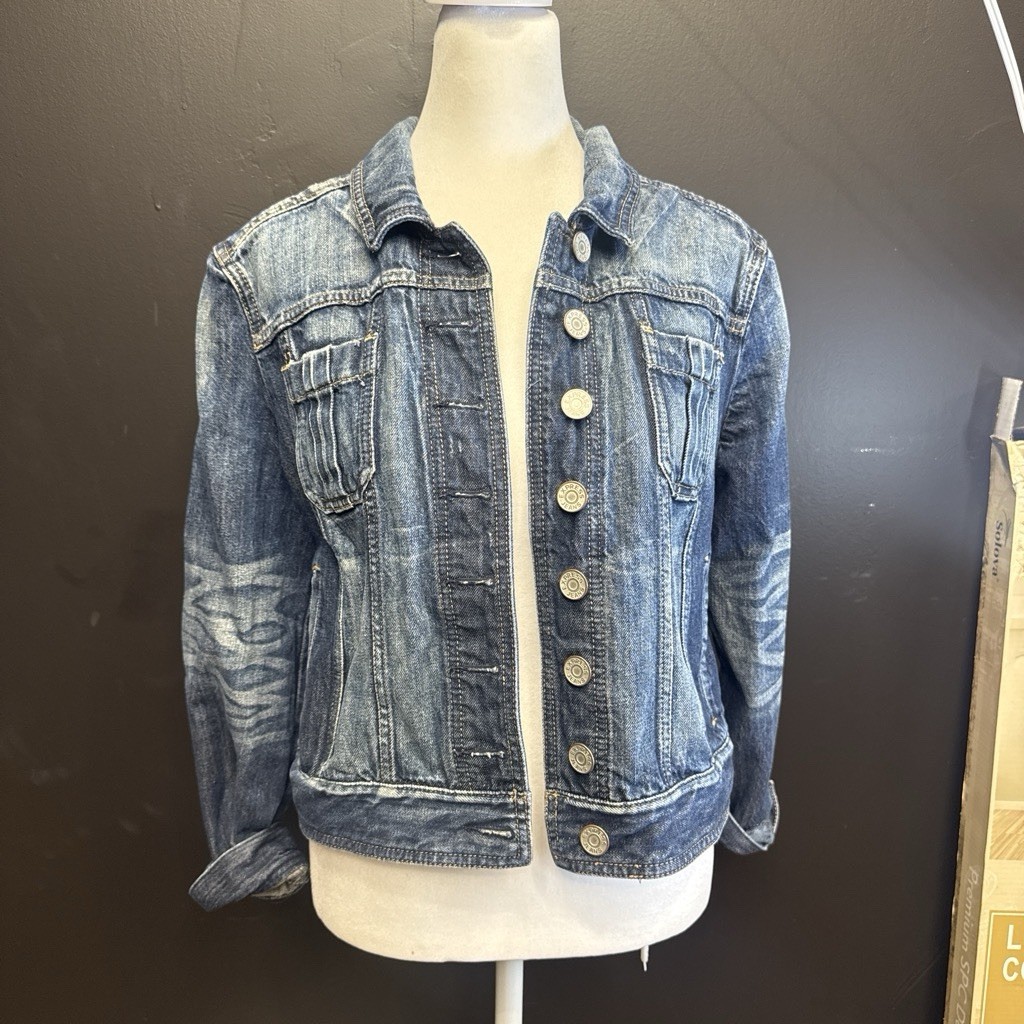 Express Women’s Denim Blue Dark Wash Long Sleeve Jean Jacket Button Down, Size S