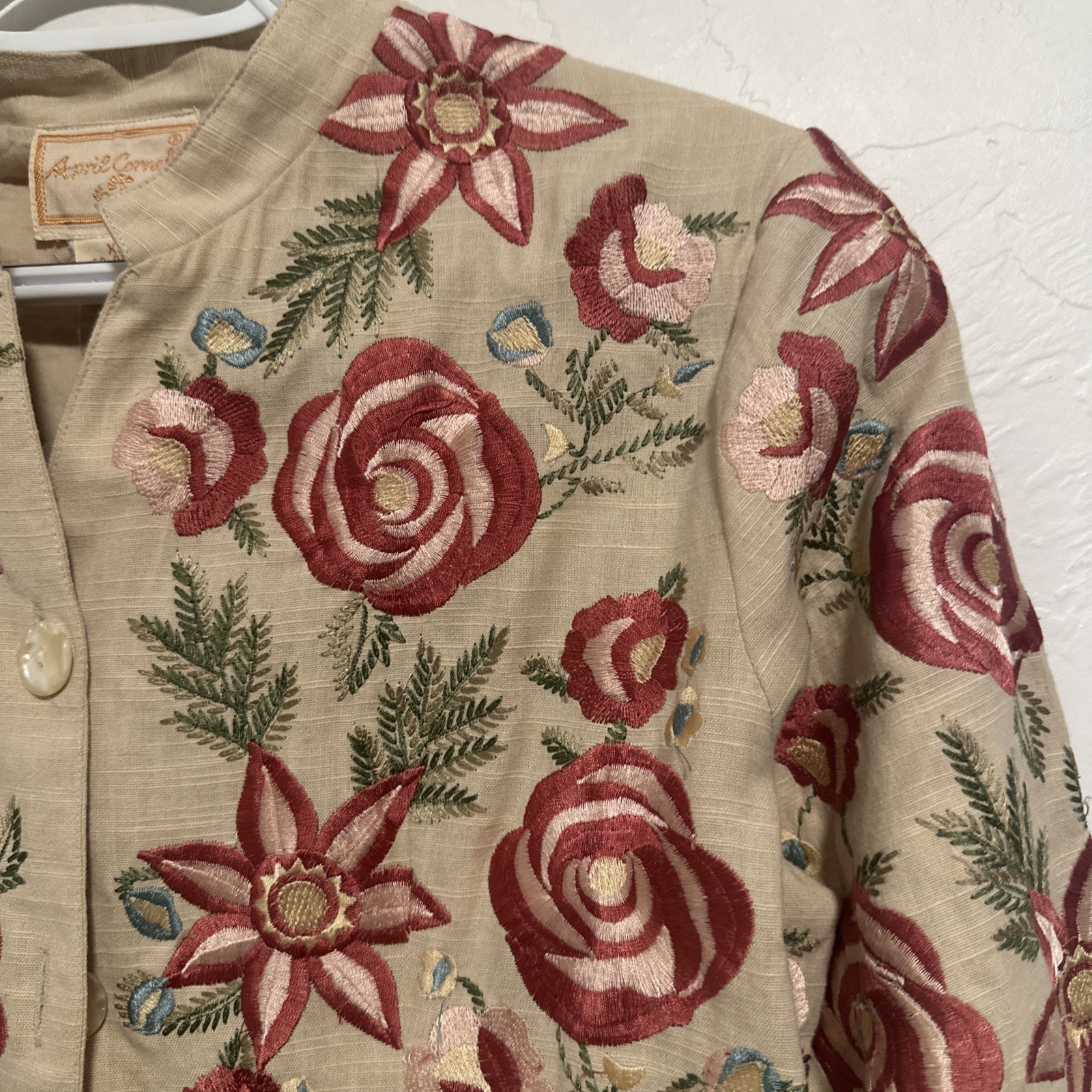April Cornell Heavy Embroidered Beige Mandarin Collar Jacket Size XS NWT