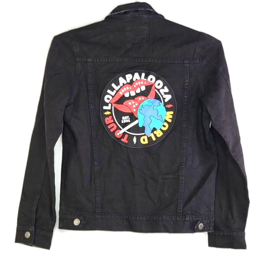 Strata Lolla Lollapalooza World Tour Jean Jacket Size Medium Black Denim