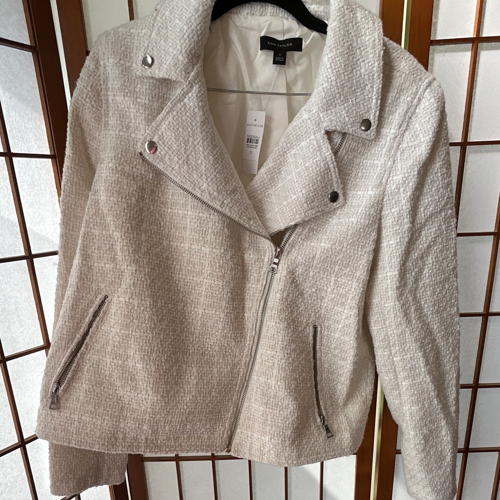 Ann Taylor Women’s Ivory Biker Jacket Collared Full Zip Zipped Pockets Lined 12