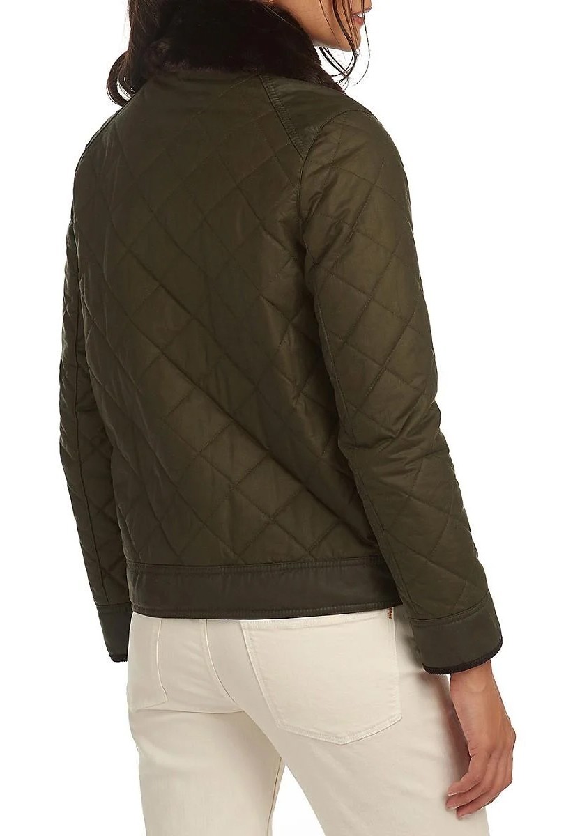 Barbour GLENCOE Green Waxed Quilted Zip Up Faux Fur Collar Bomber JACKET 18