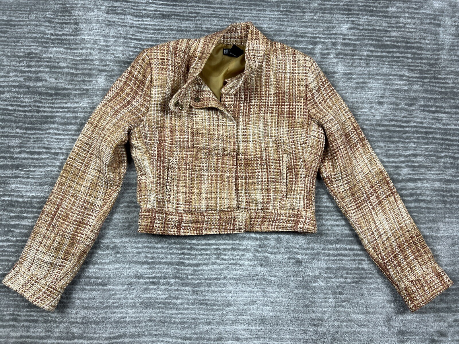 Vintage Carole Litttle Jacket Womens Small Beige Brown Lined Snap 72% Silk
