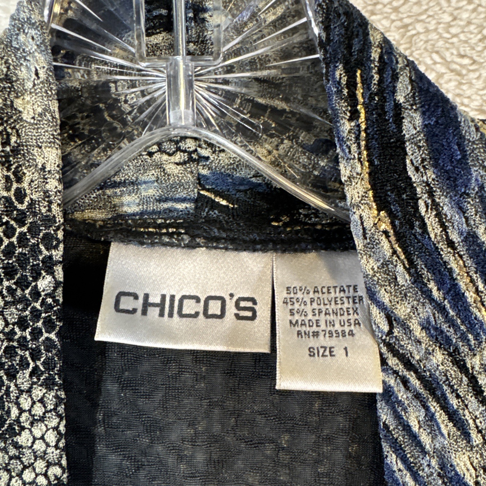 Chicos Asymmetrical Open Front Jacket Artisan Chic Core Blue Gray/Gold Thread