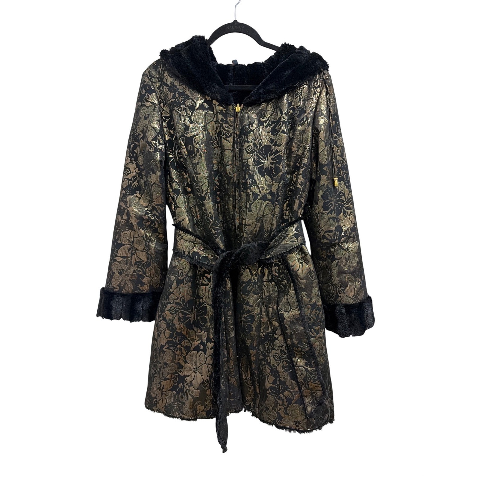 Reversible Hooded Coat Gold Floral Brocade Faux Fur Womens M Black Excellent Zip
