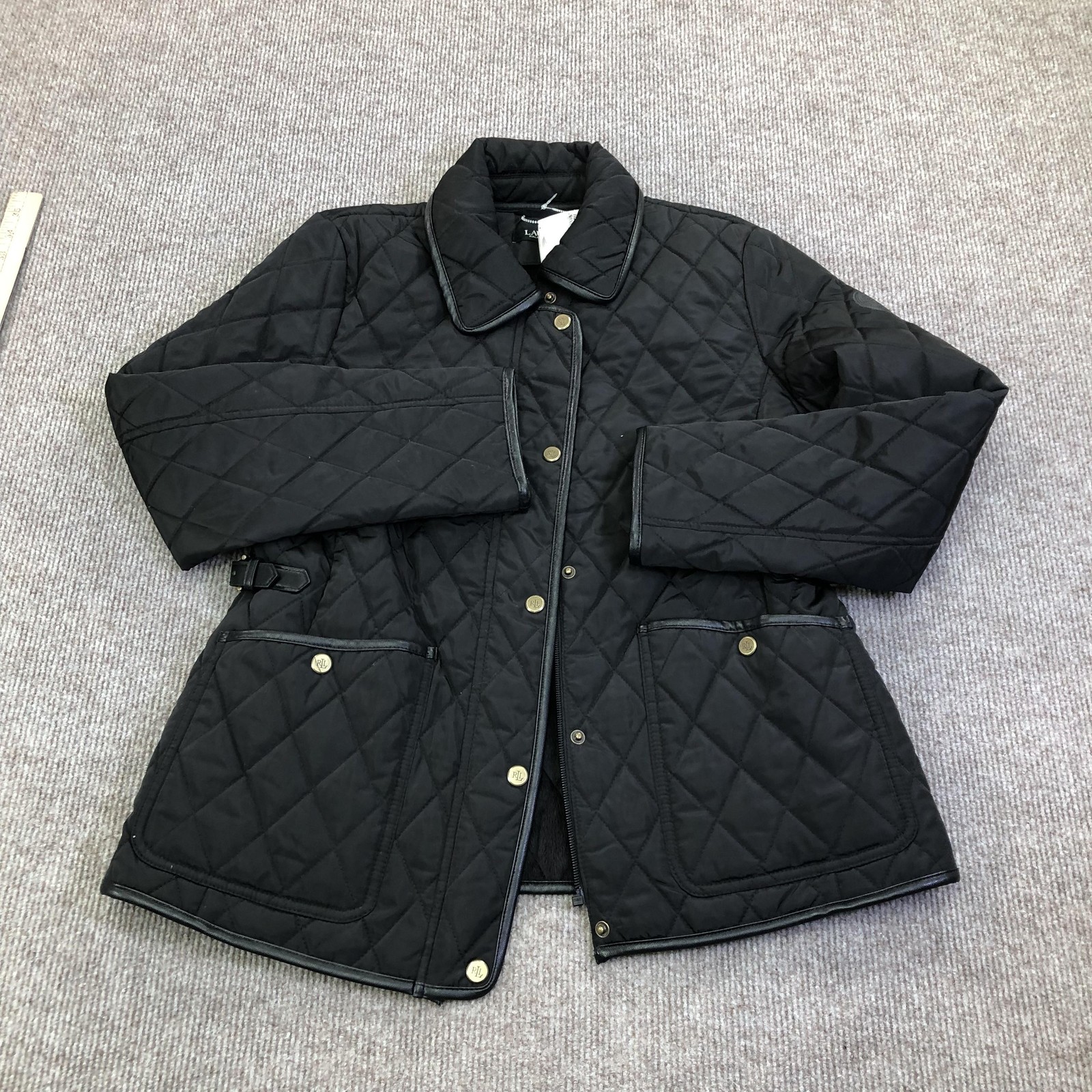 Lauren Ralph Lauren Quilted Jacket Womens PM Petite Black Belted Mid Length Warm