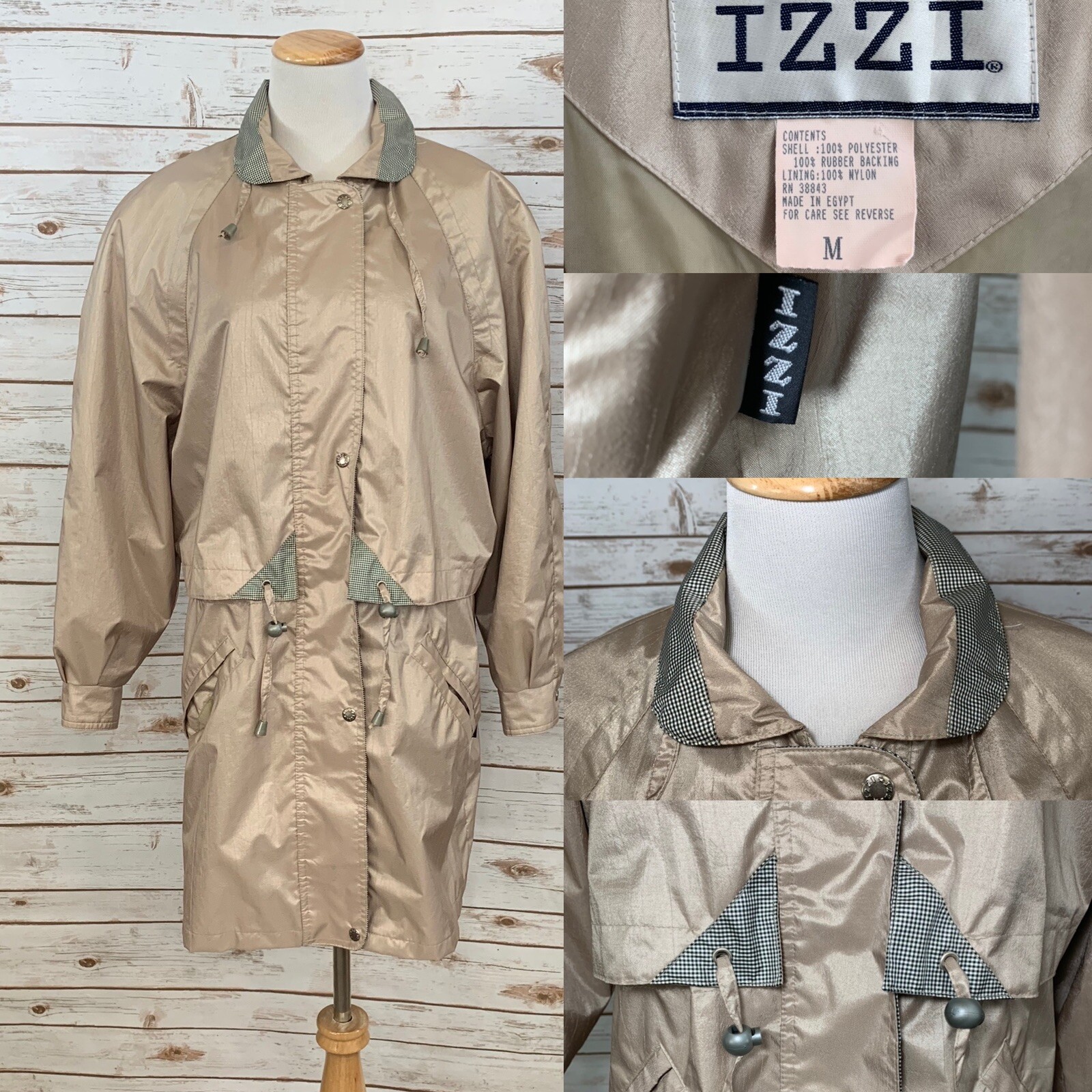 Vintage 80’s IZZI Womens Champagne Gold Coat Jacket Medium EGYPT Gingham Collar