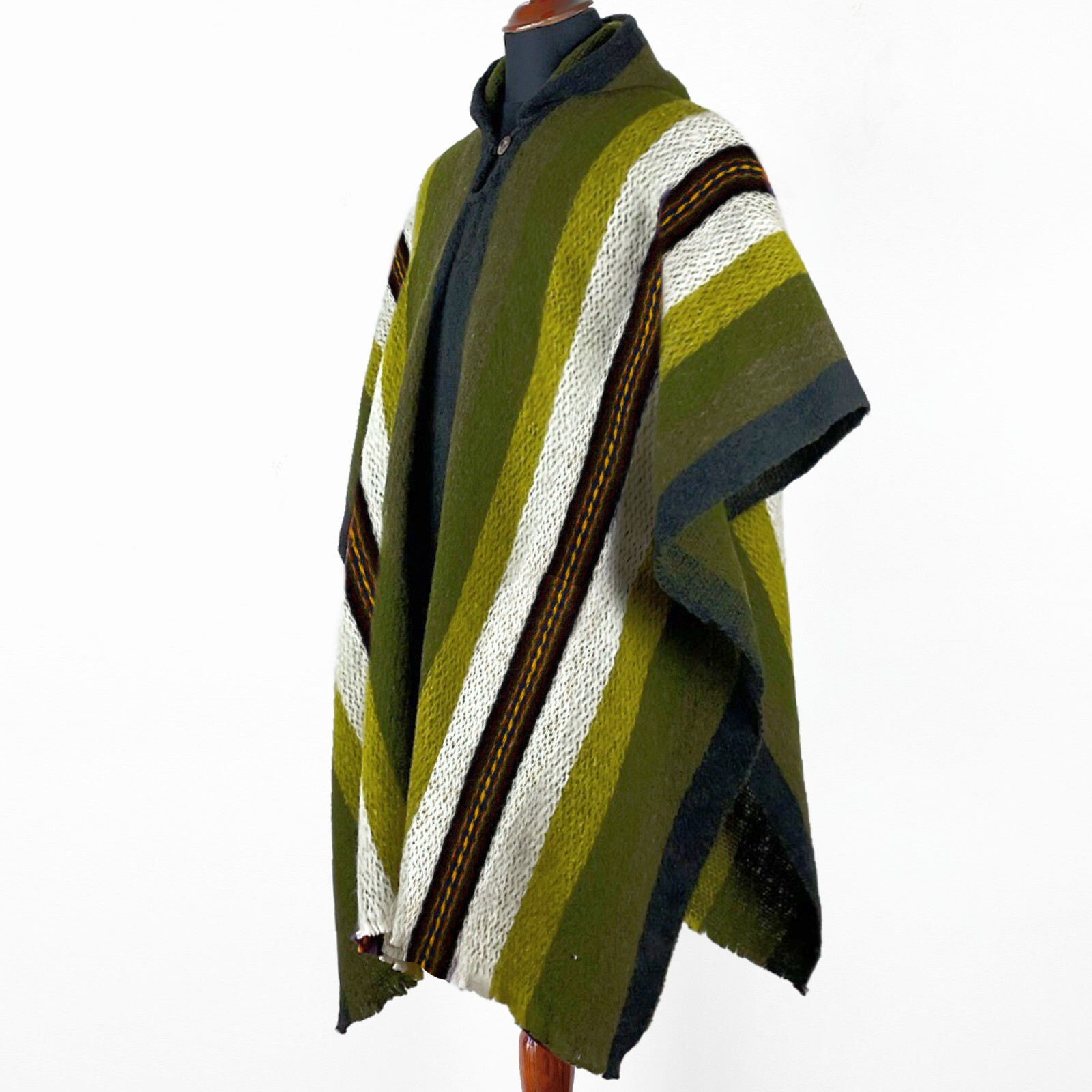 LLAMA WOOL MENS WOMANS UNISEX HOODED PONCHO ETHNIC TRIBAL BOHO FESTIVAL KHAKI