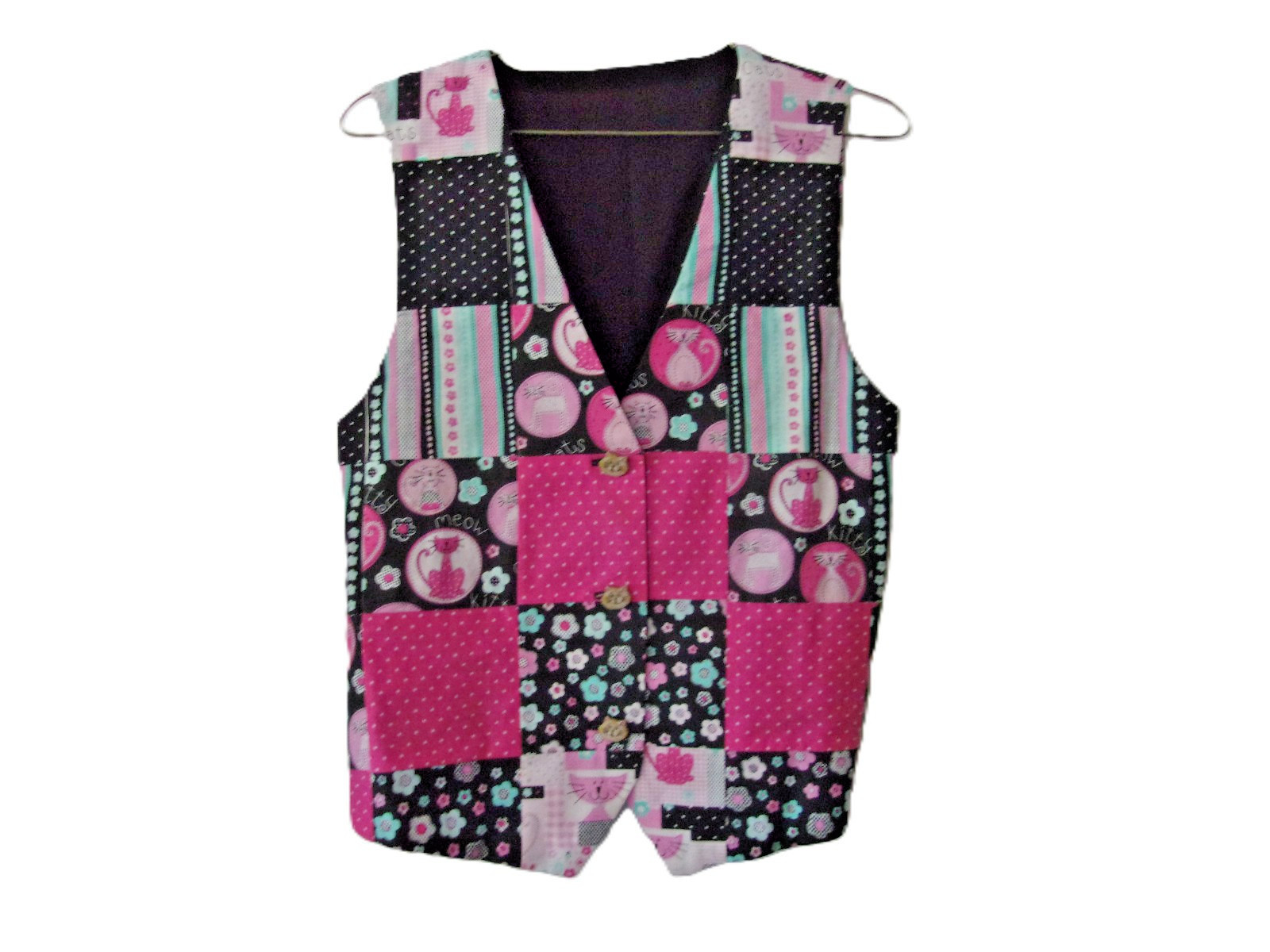 Patchwork cats vest sz S pink & black lined cotton cottagecore 34 in bust EUC