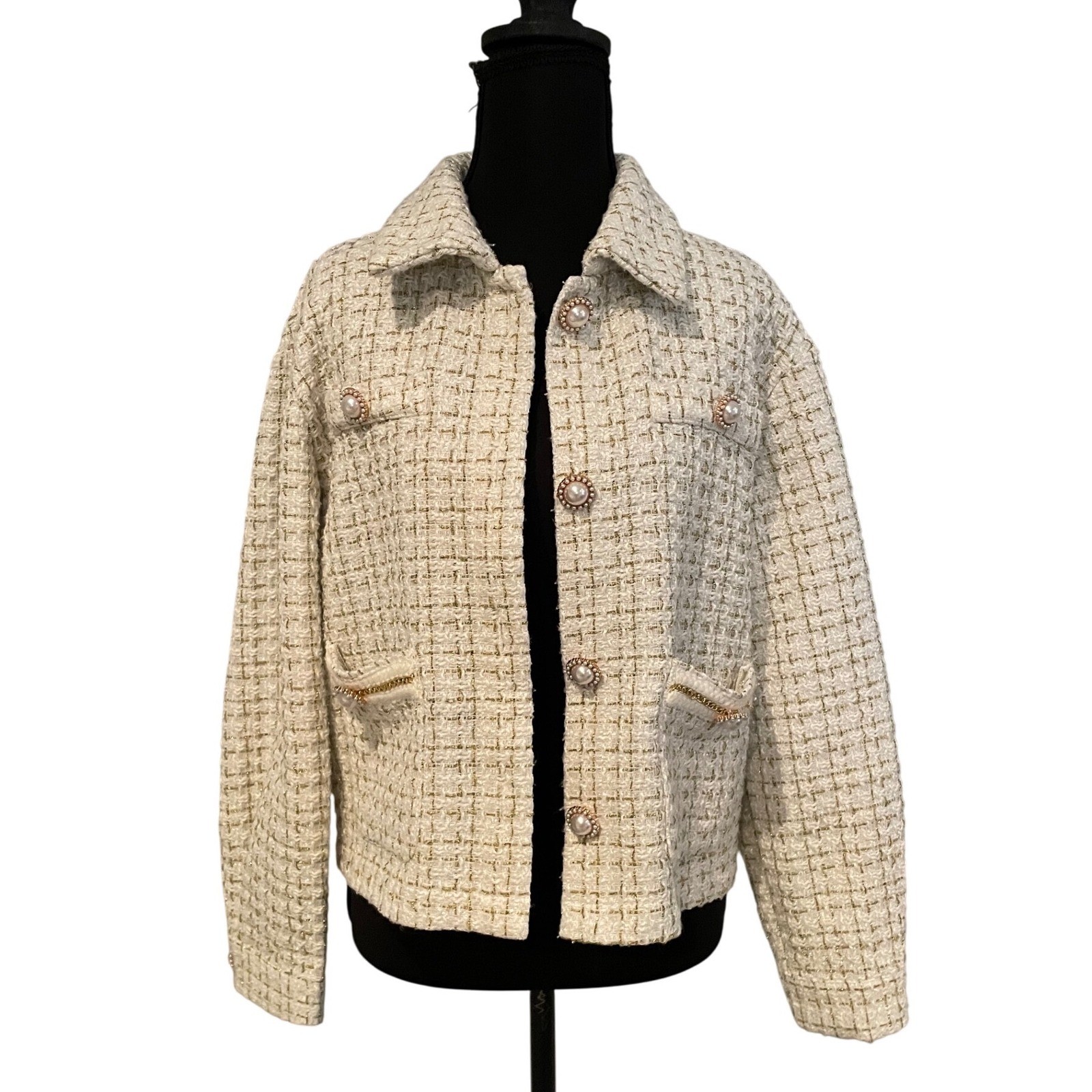 Simply Southern Tweed Jacket Pearls Gold Chain Women’s M Preppy Statement Jacket