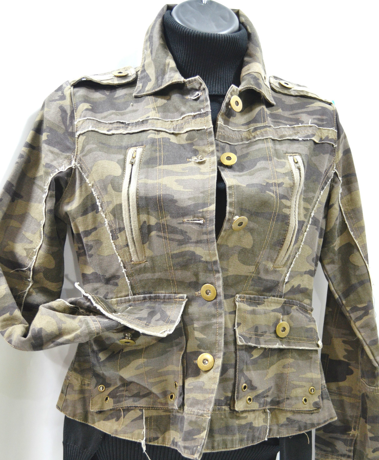 AZIZ coat Urban military Camouflage embroidered army frayed light Jacket S NEW