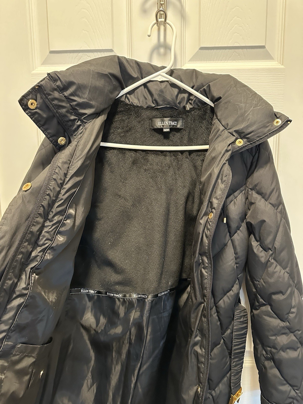 Ellen Tracey Puffer Mid-Length Belted Hooded Jacket With Gold Accents