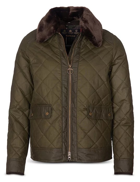 Barbour GLENCOE Green Waxed Quilted Zip Up Faux Fur Collar Bomber JACKET 18