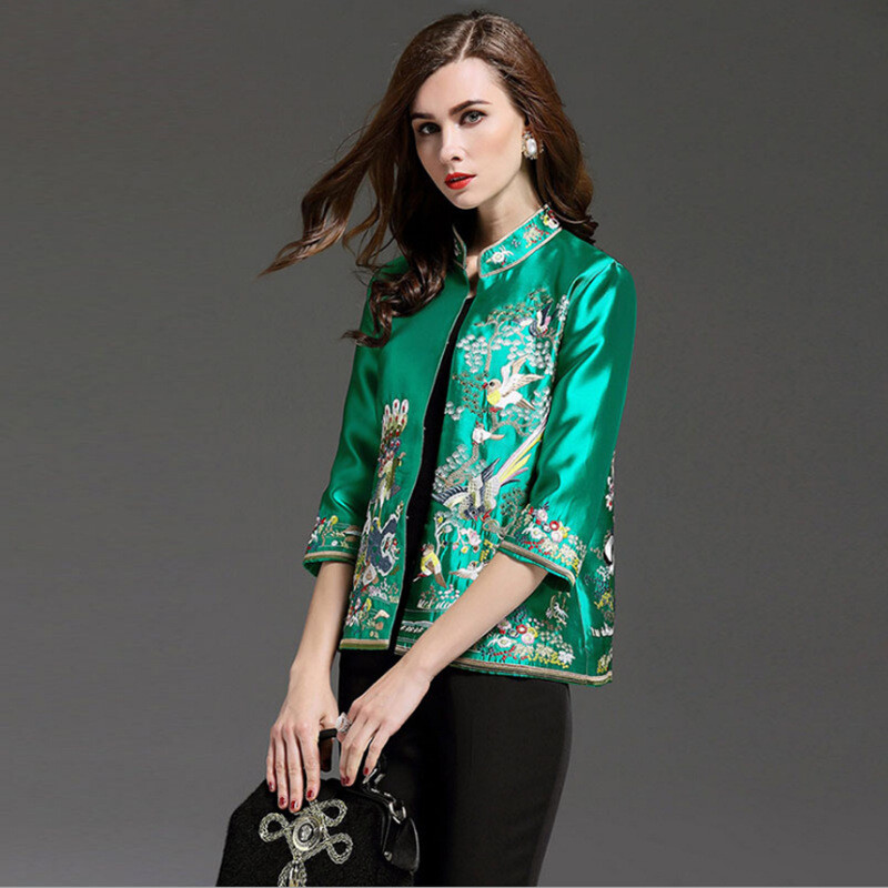 Women’s Chinese Embroidery Stand Collar Coat Silk Satins Short Qipao Jacket Tops