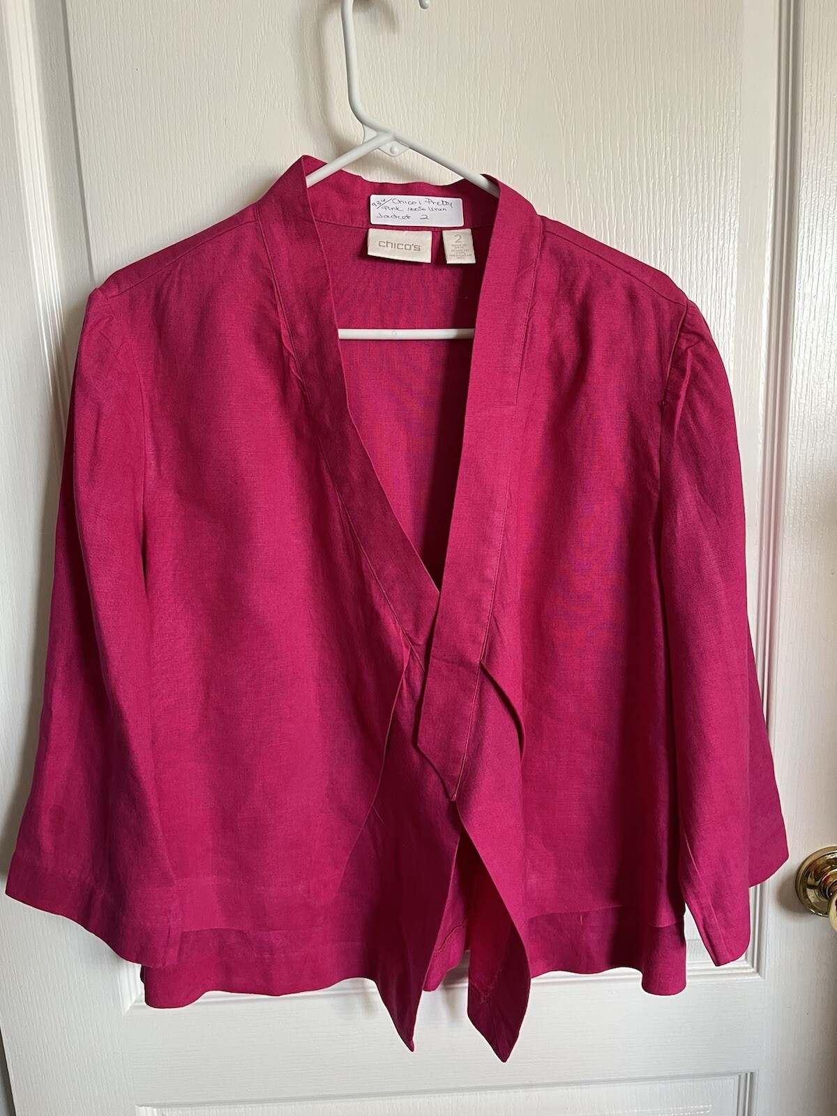 Chicos Pretty In Pink 100% Linen Jacket 2 M L Open No Closure