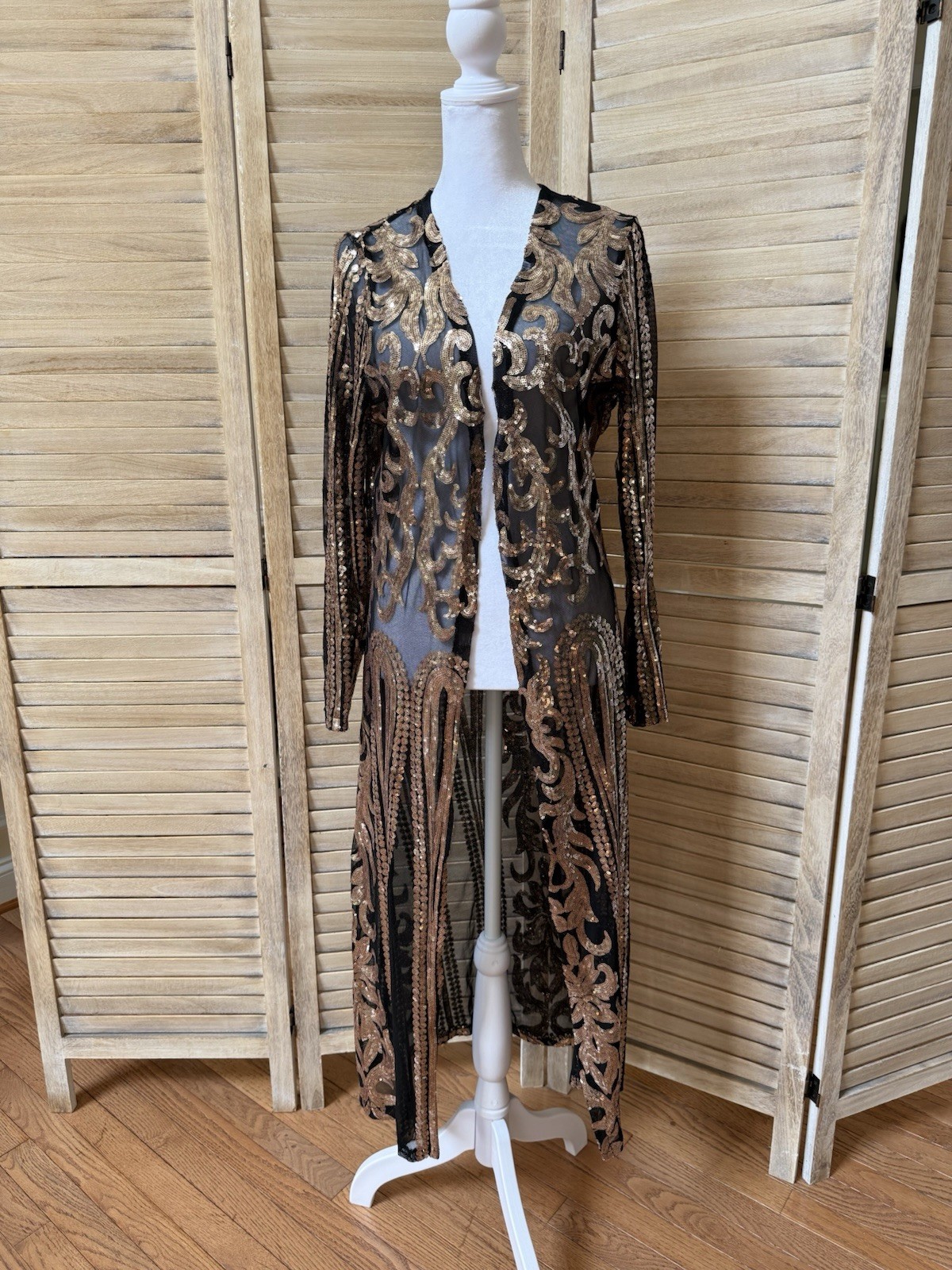 Southern Fried Chics Duster XS/S (Runs Small) Black Bronze Sequin Netted Maxi