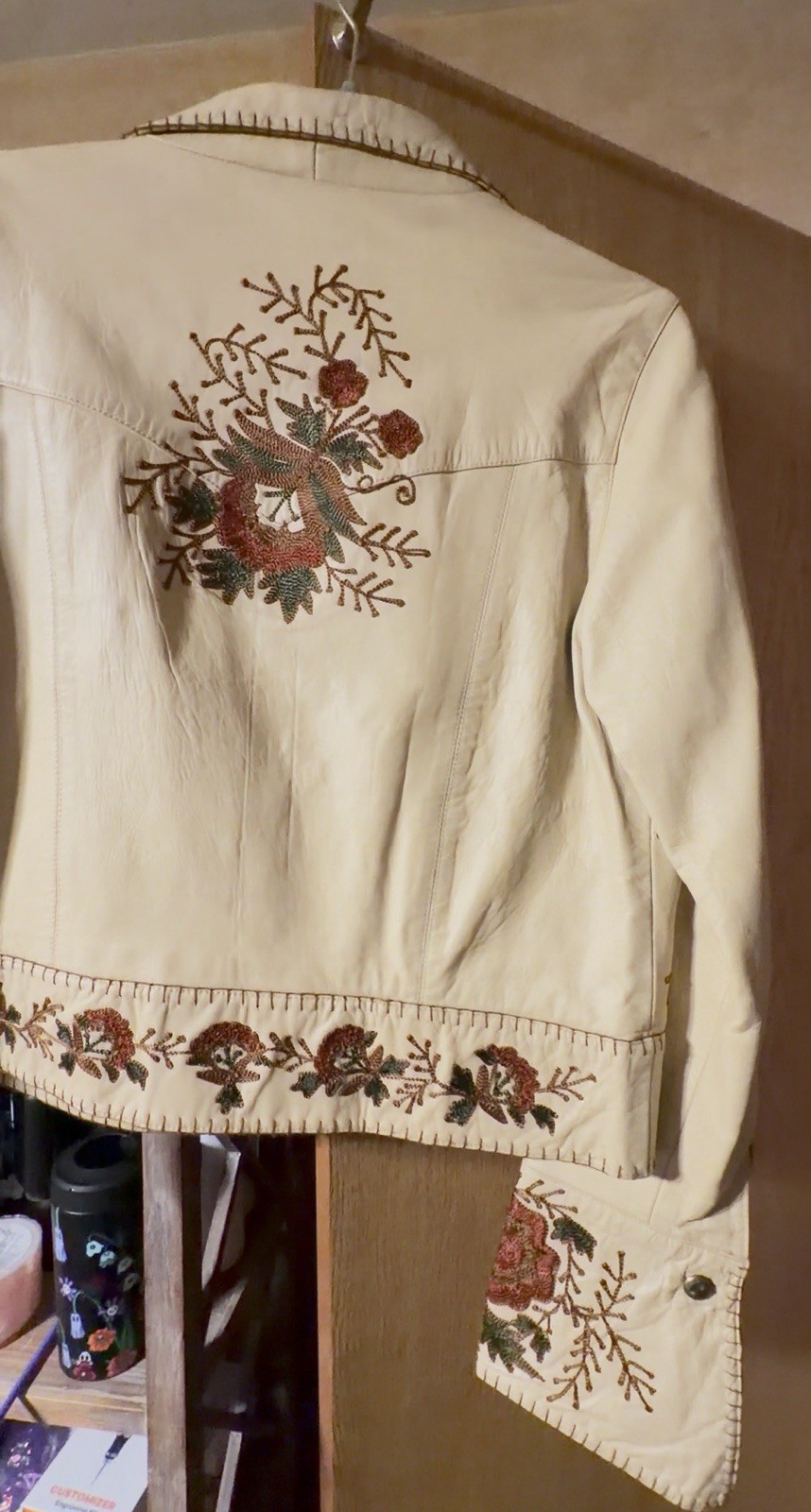 Signature by Gordon & James Beige Leather Embroidered Floral Button Jacket L