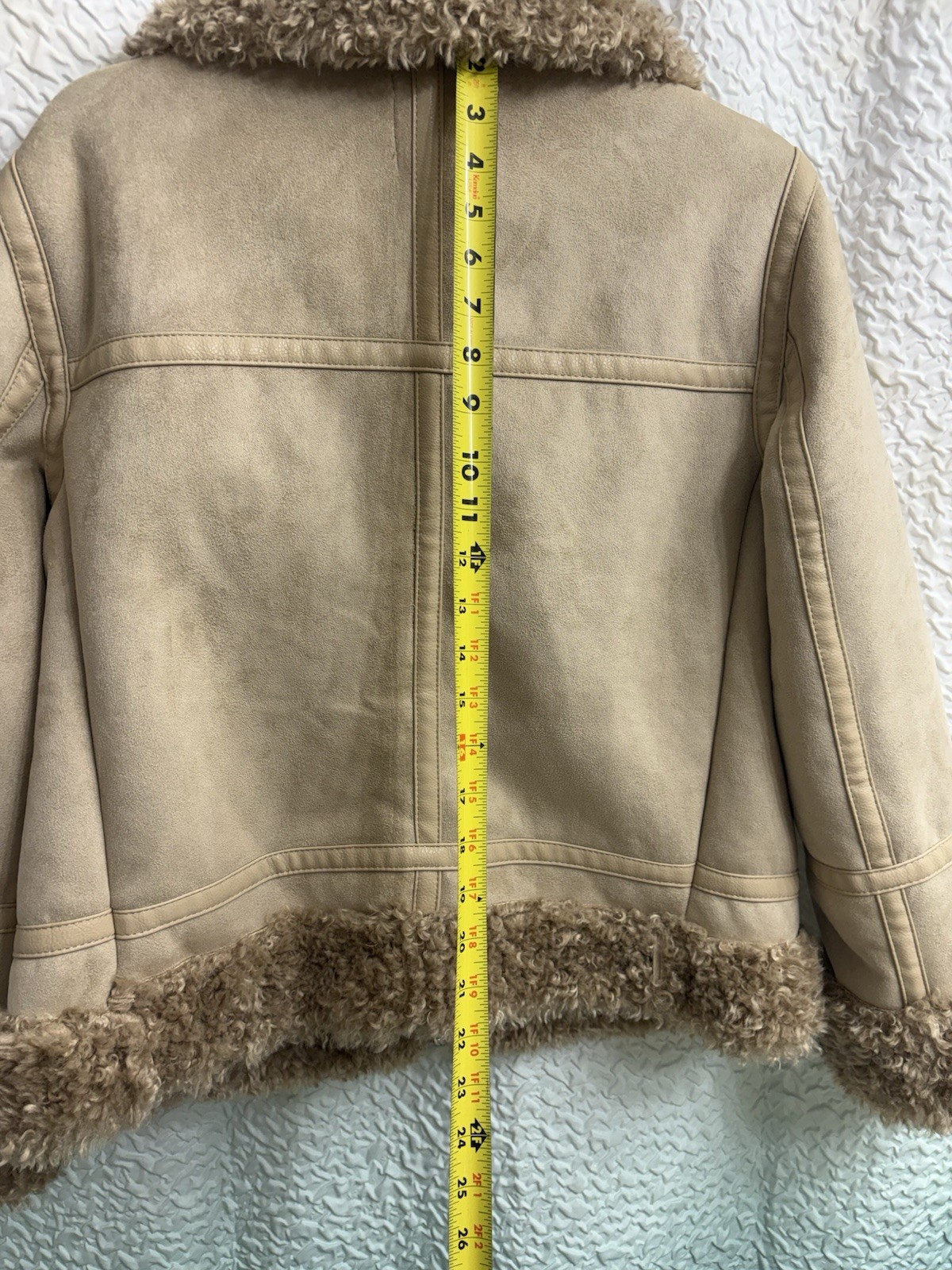 H&M Women SZ M Faux Suede Shearling Lined Aviator Jacket Tan Sherpa Biker Coat