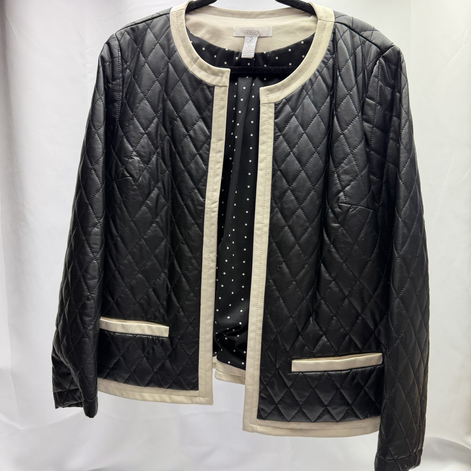Chico’s Quilted Jacket Size 2 Black Faux Leather Trim Open Front Polka Dot