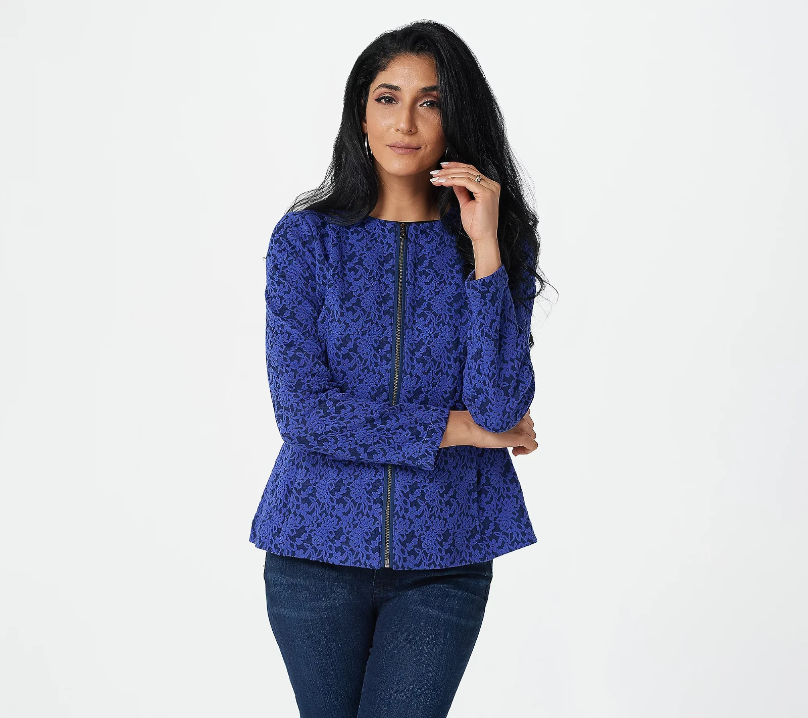 Isaac Mizrahi Live! Floral Knit Jacquard Zip-Front Jacket Navy Medium