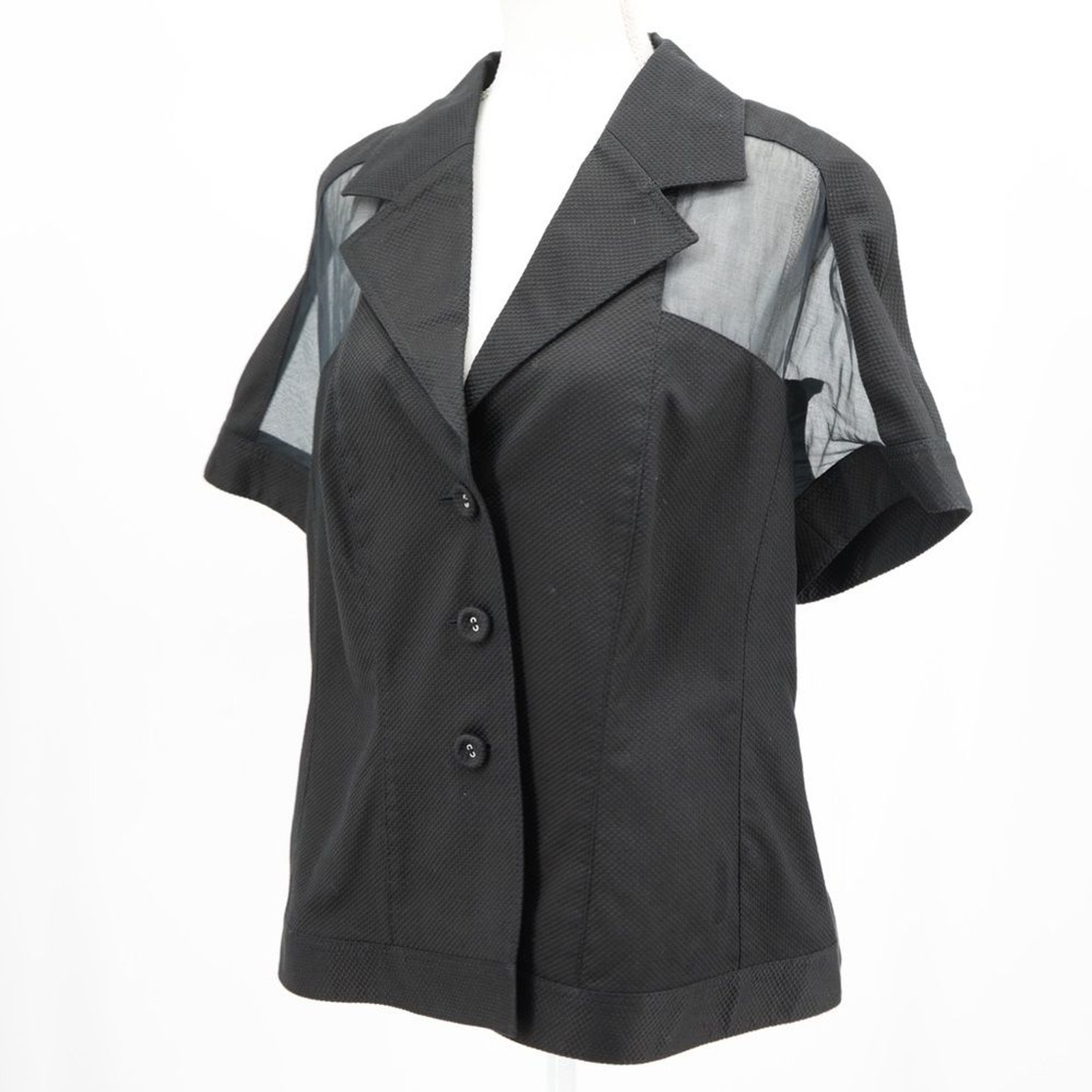 Escada Black Mesh Panel Structured Blazer Top Blouse Short Sleeve EU 46 XL