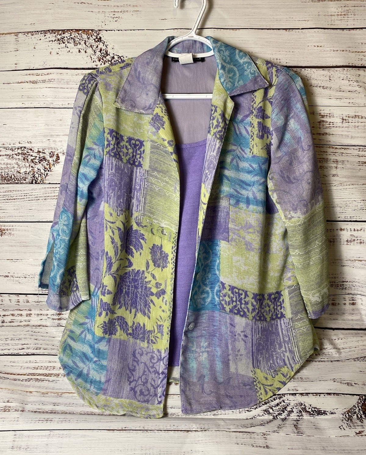 Sara Michelle Open Front Collared Patchwork Jacket Women S Purple Green Blue