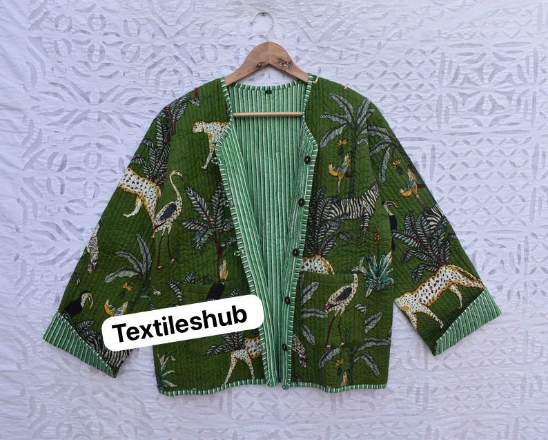 Indian Green Tiger Quilted Cotton Jacket Handmade Jacket Women’s Clothing US