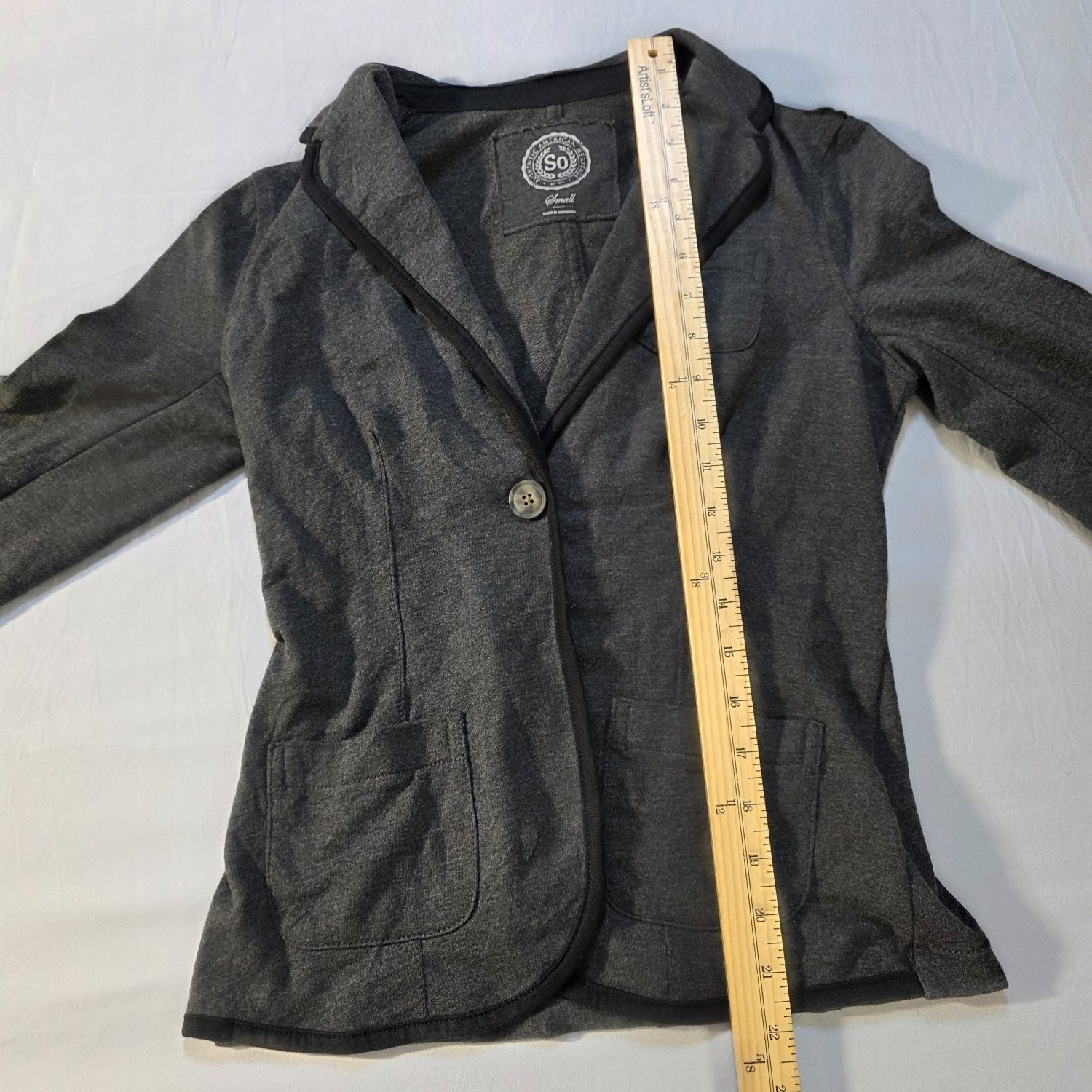 SO Authentic American Heritage Women S Gray Jersey Knit Blazer Jacket Piping S S