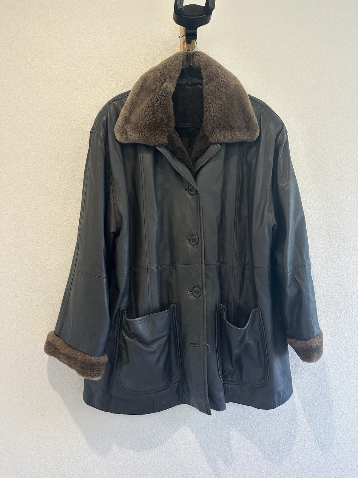 Vintage Black Leather Coat Removable Shearling Fur Liner Large